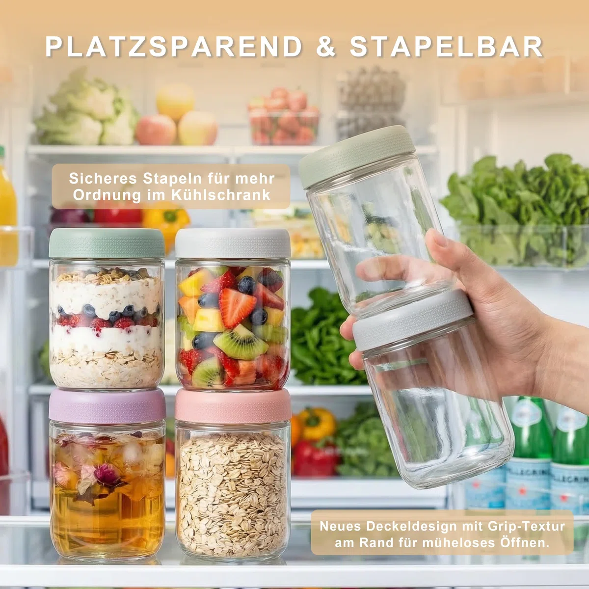 4 Stück Overnight Oats Gläser 500ml mit Deckel, Joghurtbecher To Go aus Glas, Meal Prep Vorratsgläser für Müsli Marmelade und Pudding, Inklusive 2 Löffel, 4 Farben