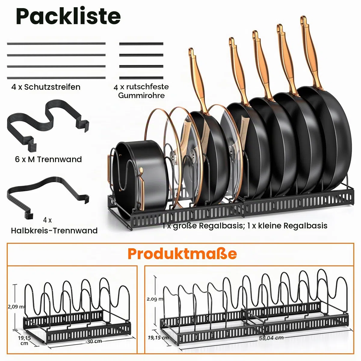 MUDEELA Töpfe und Pfannen Organizer, Erweiterbarer Küchenschrank Organizer mit 10 Verstellbaren Fächern Ideal für Schneidebretter, Gusseisenpfannen und Kochzubehör Topfdeckelhalter, Schwarz