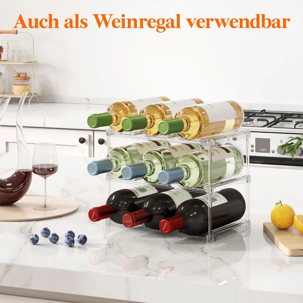 Lifewit Stapelbarer Flaschenorganizer aus Kunststoff für Zuhause, Tumbler- und Becherhalter, Transparenter Flaschenständer für Wein, für Arbeitsplatte und Schrank, 3-stufig, Platz für 9 Flaschen