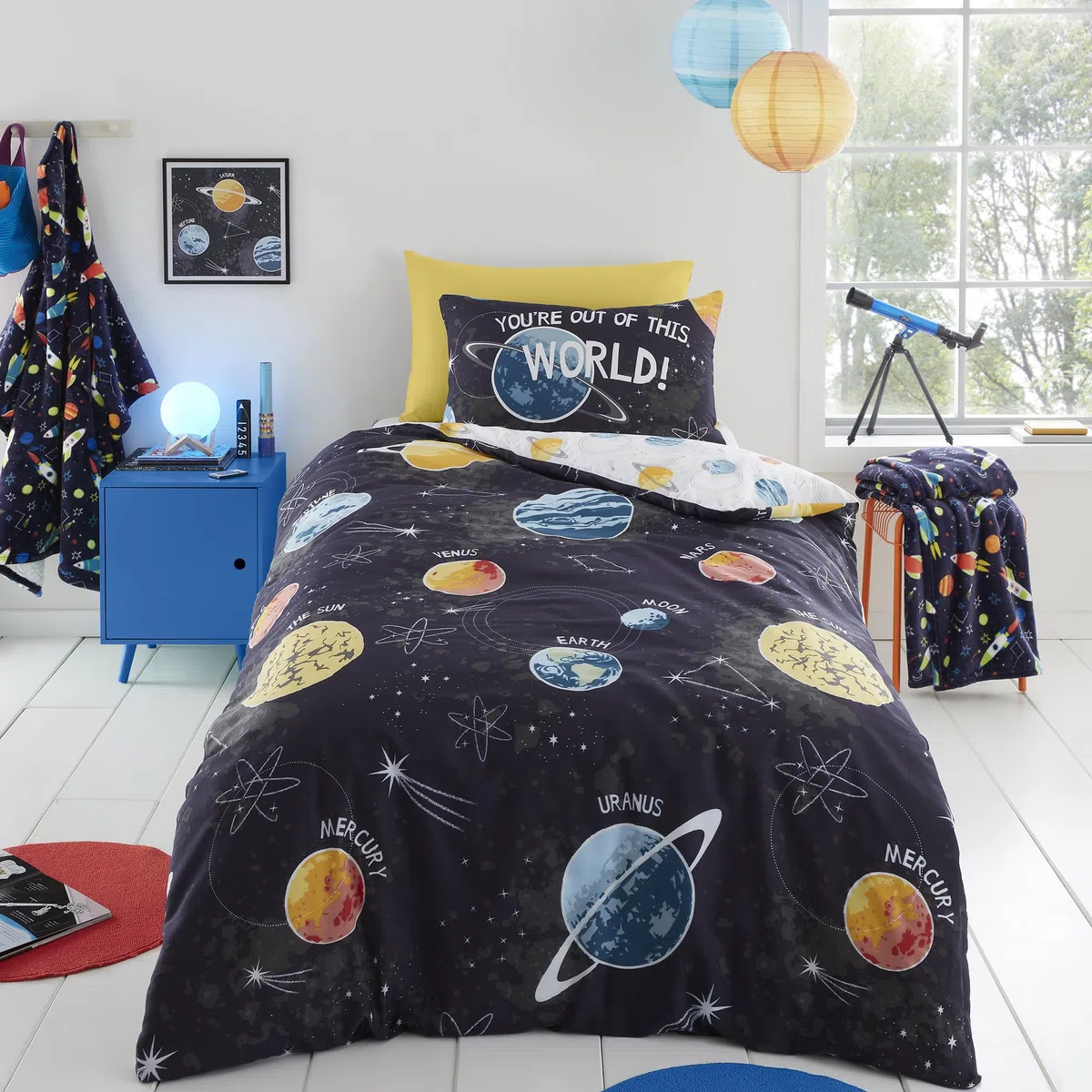 Bedlam - Im Dunkeln leuchtender Bettbezug – Einzelbettgröße (200 x 140 cm) – wendbar (2 Designs) – Galaxie- und Planeten-Bettwäsche für Jungen – Sonnensystem-Universum-Bettbezug – Weltraum-Bettwäsche