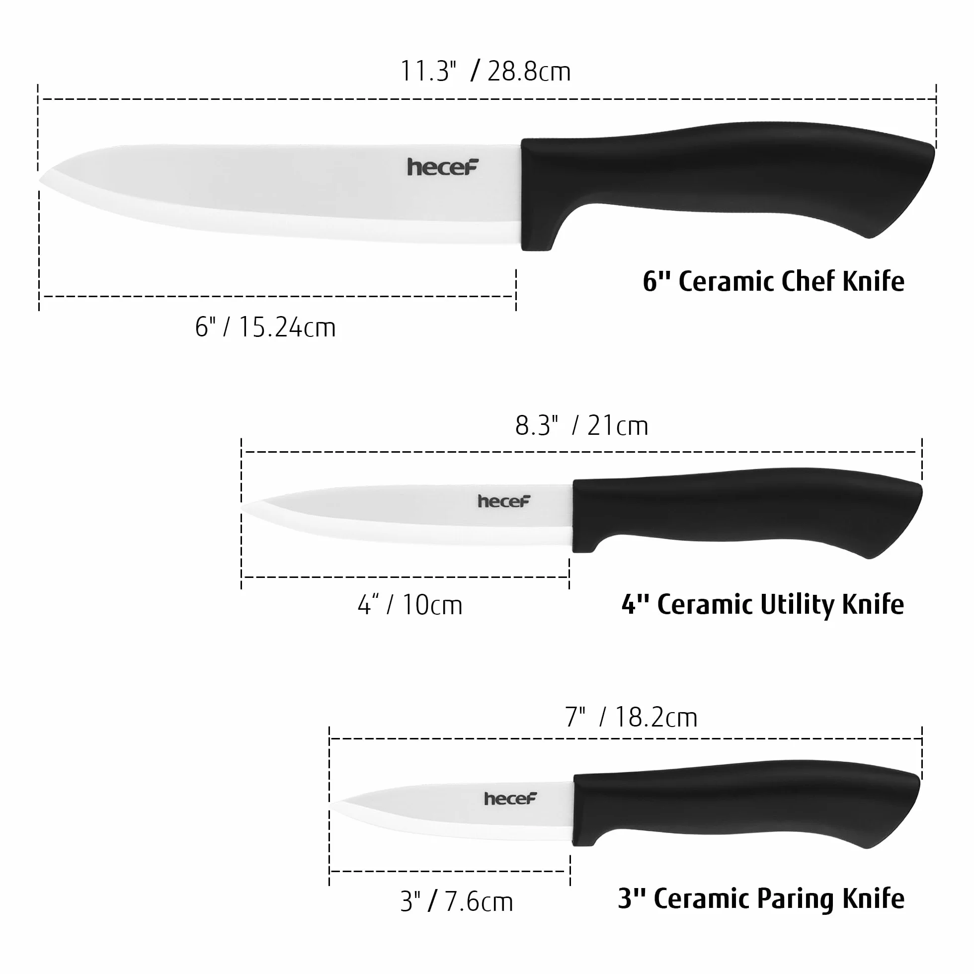 hecef Keramikmesser set 3-teilig mit Messer, Küchenmesser Set Nie Eingerostet, Keramik 6'' Kochmesser, 4'' Obstmesser, 3'' Gemüsemesser (Weiß)