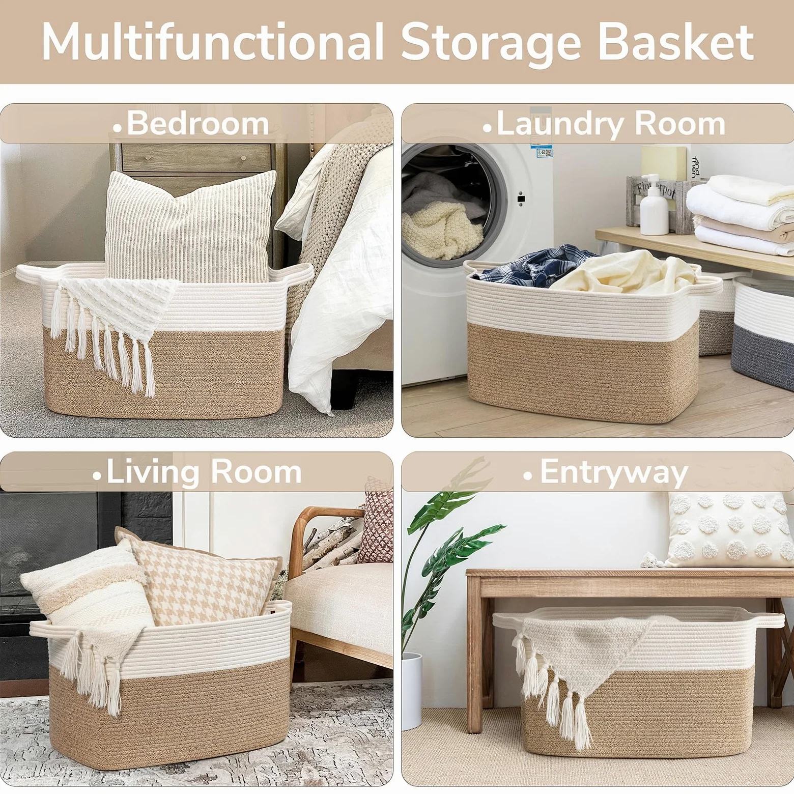 TIMEYARD 65L Faltbarer Wäschekorb, Aufbewahrungskorb für Baby Spielzeug, Square Laundry Baskets, Korb Aufbewahrung für Decken, kissen, Gästehandtuchkorb, Weiß und Braun