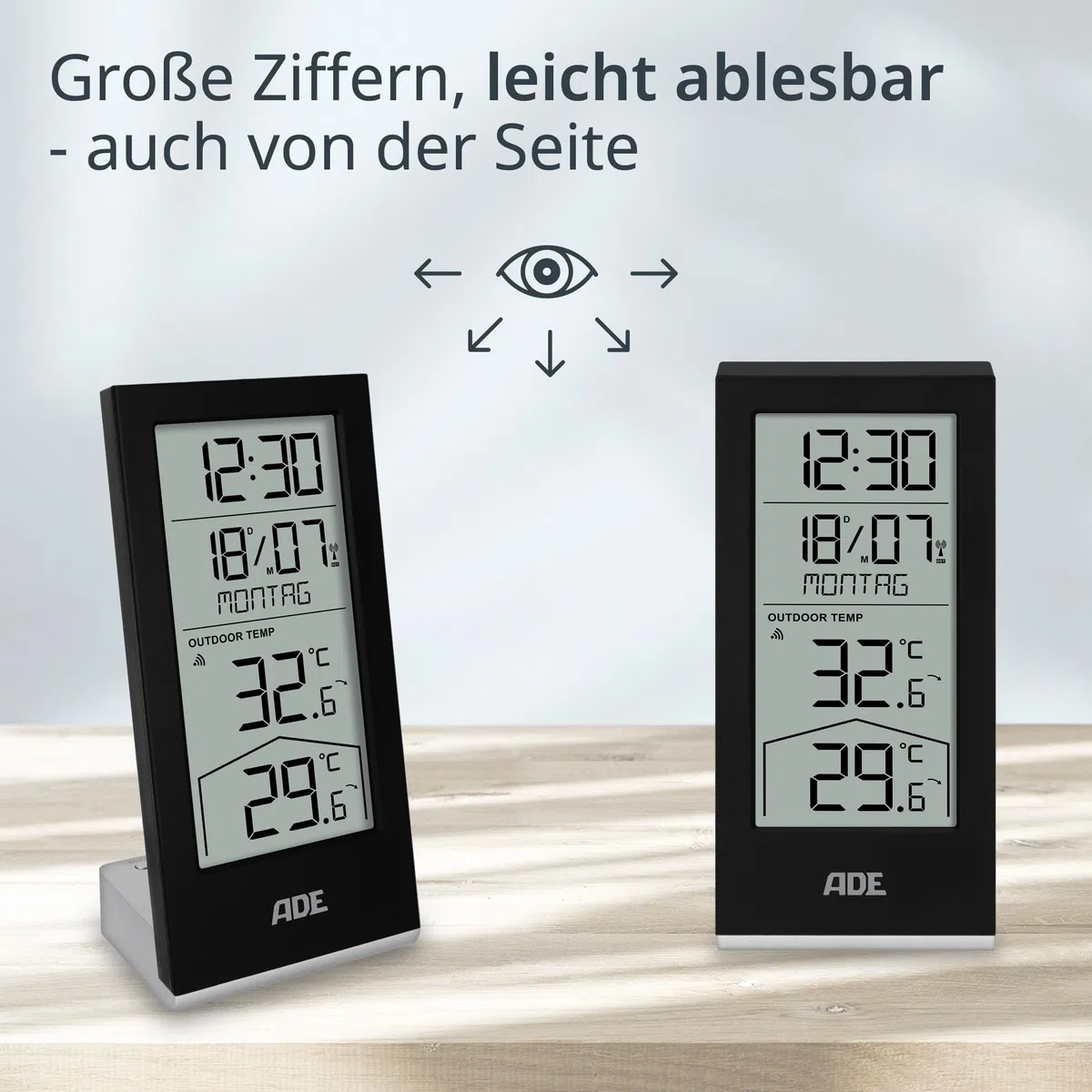 ADE Funkuhr digital mit Temperaturanzeige und Außensensor | Thermometer für Innen- und Außentemperatur | Trendanzeige | Tischuhr mit Datum und Wochentag | inkl. Batterien | schwarz