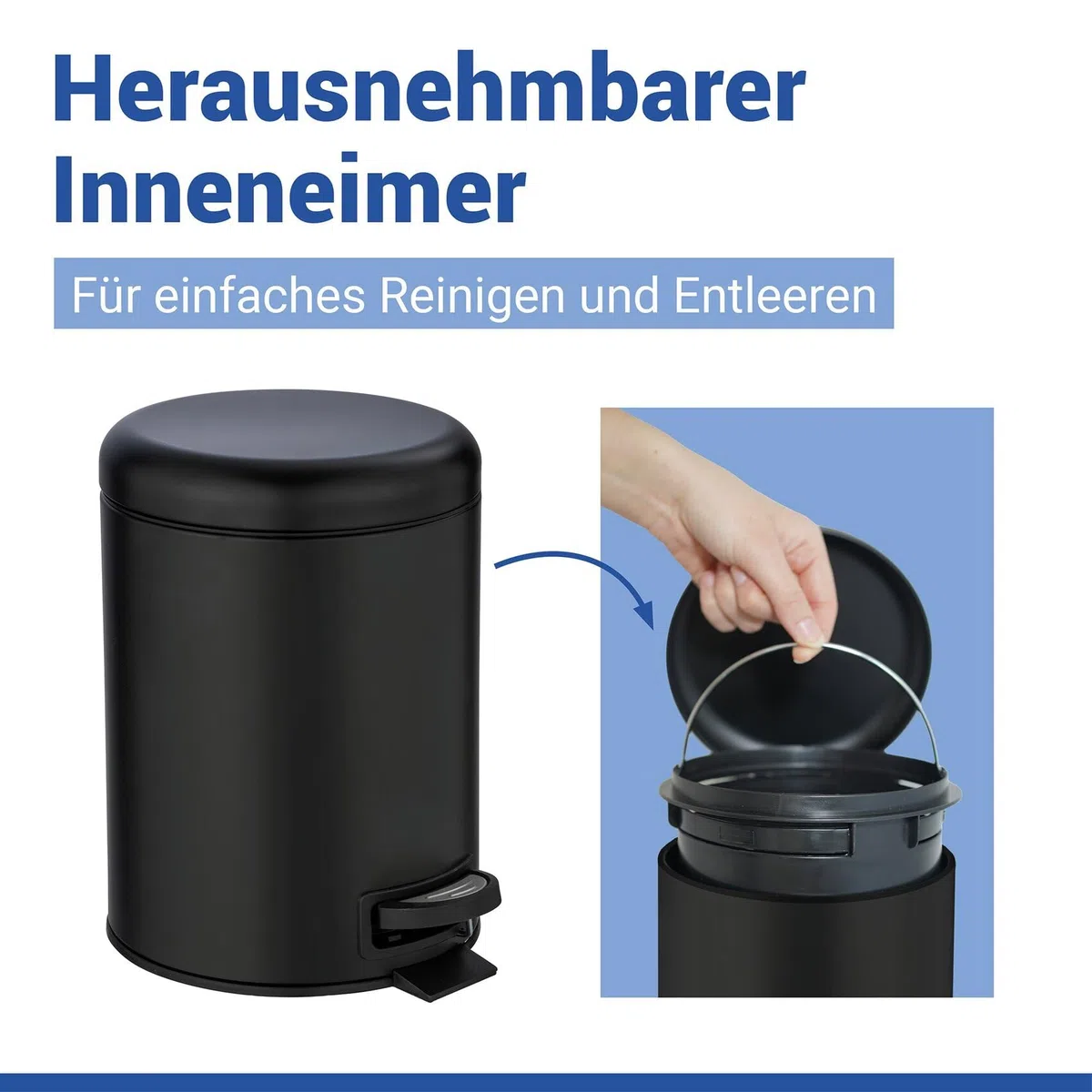 WENKO Kosmetikeimer 5 Liter, Stahl, herausnehmbarer Inneneimer mit Müllbeutelhalter, Mülleimer fürs Bad mit Deckel und Tretfunktion, ausklappbarer Tragegriff, Schwarz matt, Mod. Leman