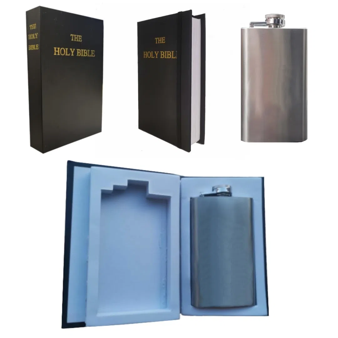 Neuheit Geschenk | Heilige Bibel mit 6-Unzen-Flasche | Verlorene erste Seite des deutschen Roten Zwergs – Geheimfach