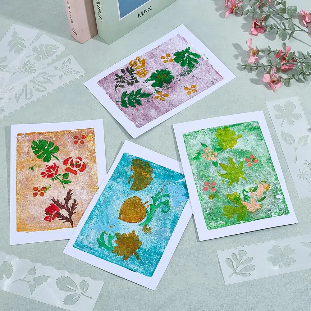 WEBEEDY 10 Set Gell Druckplatten Kit Für Mixed Media Kunst DIY Druckset Mit 12.7x17.8cm Gelplatte Blumen & Blattschablonen Walze Ein Papier Farben & Anleitung