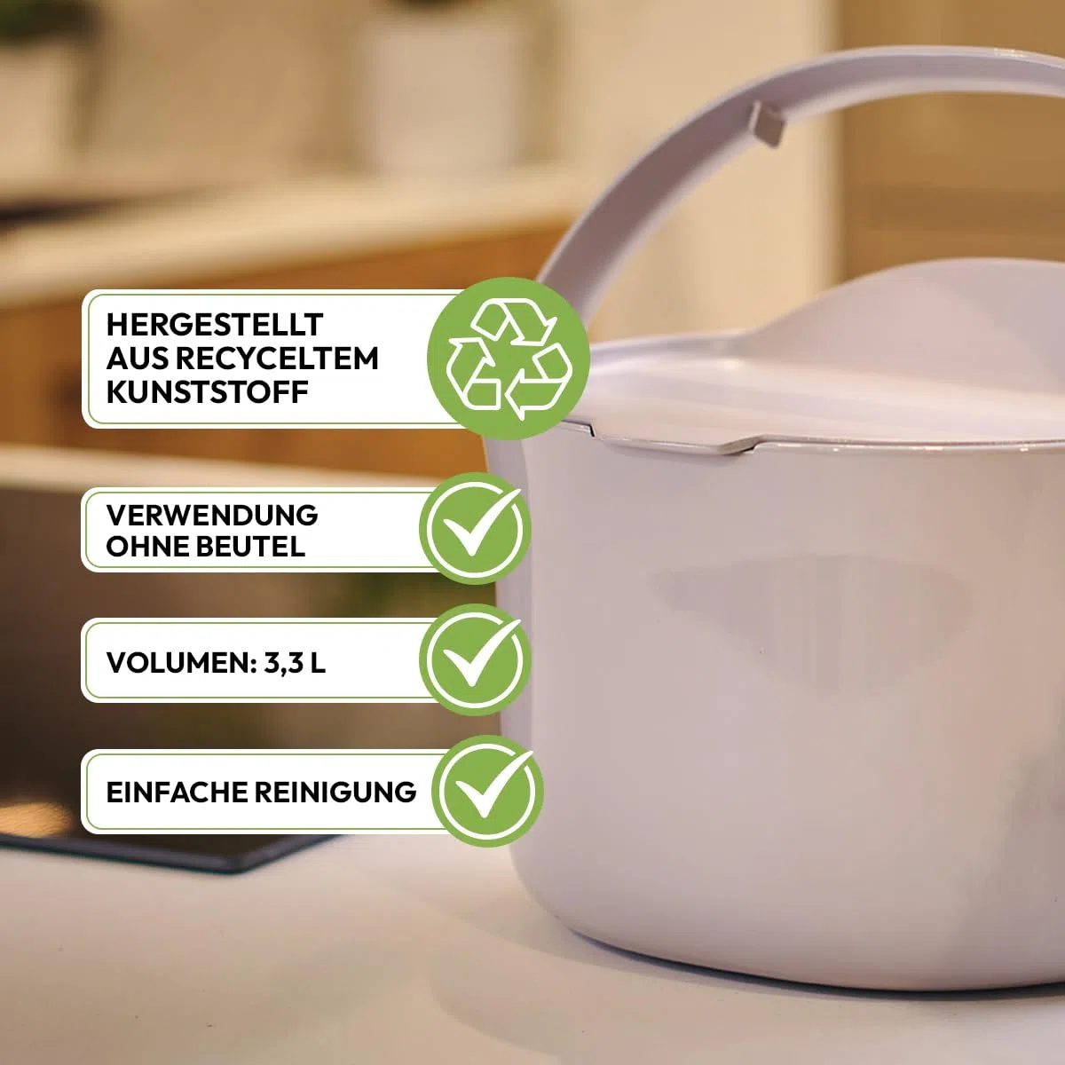 Skaza Daily Biomülleimer Küche 3,3 Liter – mit Deckel und Henkel – Einhändiges Öffnen – Abfalleimer aus Postconsumer-Recyceltem Kunststoff (Cremeweiß)