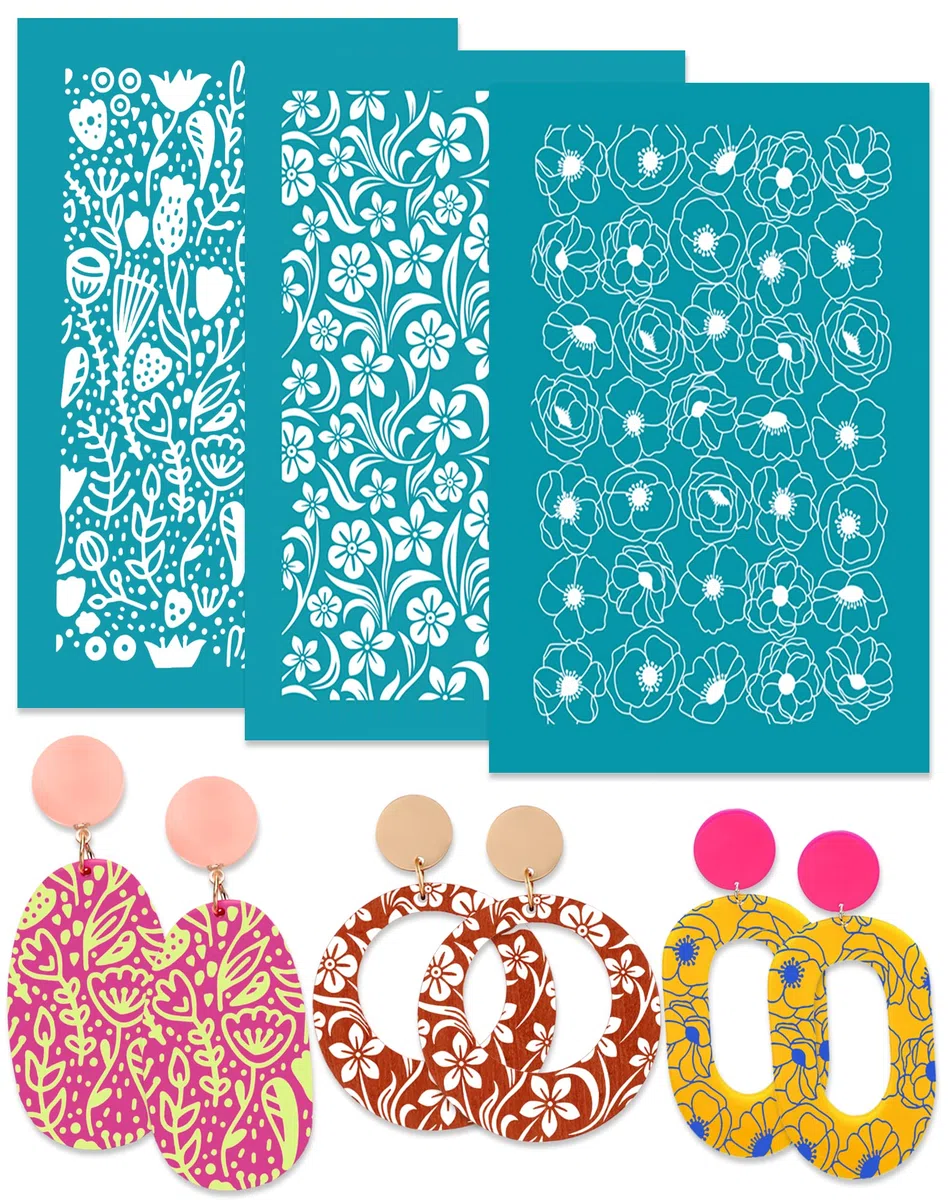 Anvin Siebdruck-Schablonen, wiederverwendbar, für Polymerton, Schmuck, Ohrringe, Druckvorlagen, einfache Dekoration, Blumen, Siebdruck-Schablone (14 x 10,7 cm, Blumenstil), 3 Stück