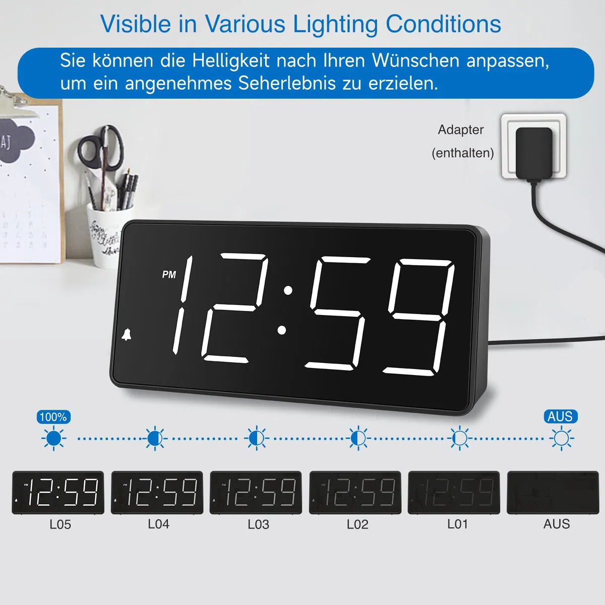Eachui LED Wecker Digital mit Großen Zahlen, Wecker mit Ladestation, Helligkeit und Lautstärke Regelbar, Snooze, 12/24HR, Digital Uhr Netzbetrieben