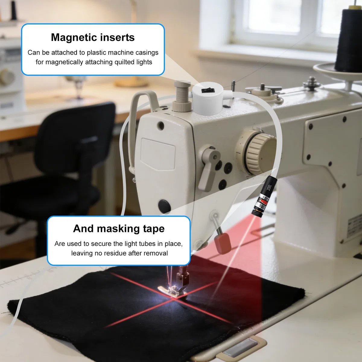 Magnetische Positionierleuchte für Quilts, Rotes Fadenkreuz als Führungslicht Geradstiche Verstellbare Freihändige Nähhilfe Präzisions-Quiltwerkzeug für Nähmaschinen
