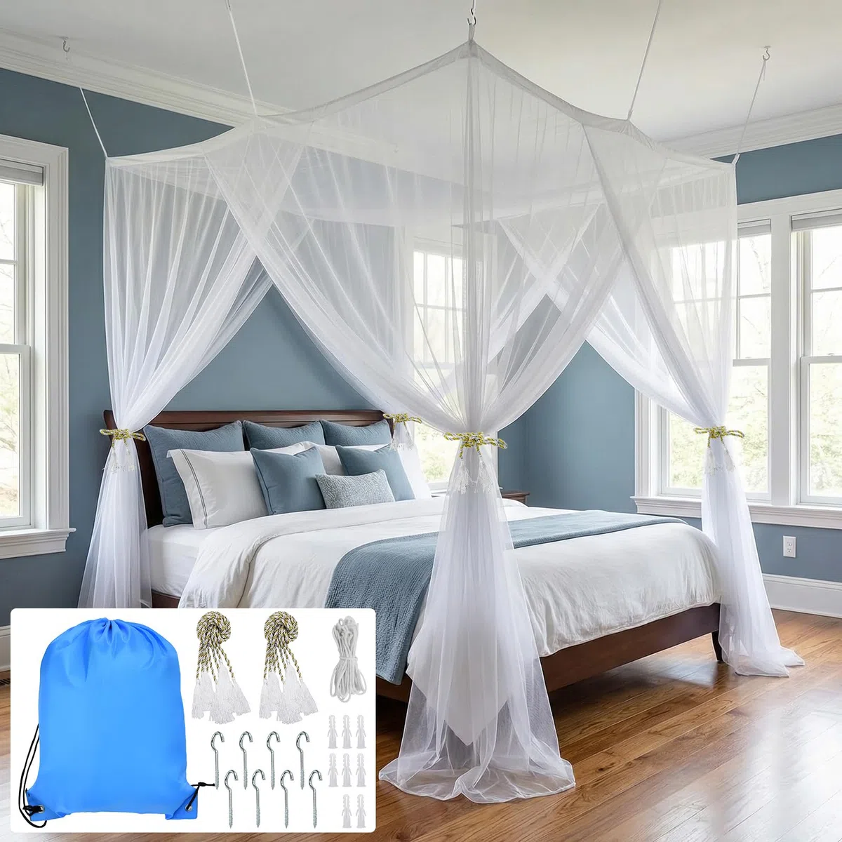 Moskitonetz Doppelbett und Einzelbett 190x210x240cm Moskitonetz Bett Mückennetz 4 Öffnungen Premium Mückenschutznetz mit Aufhängeset Mosquito Net Bed für Schlafzimmer Camping Reisen Weiß