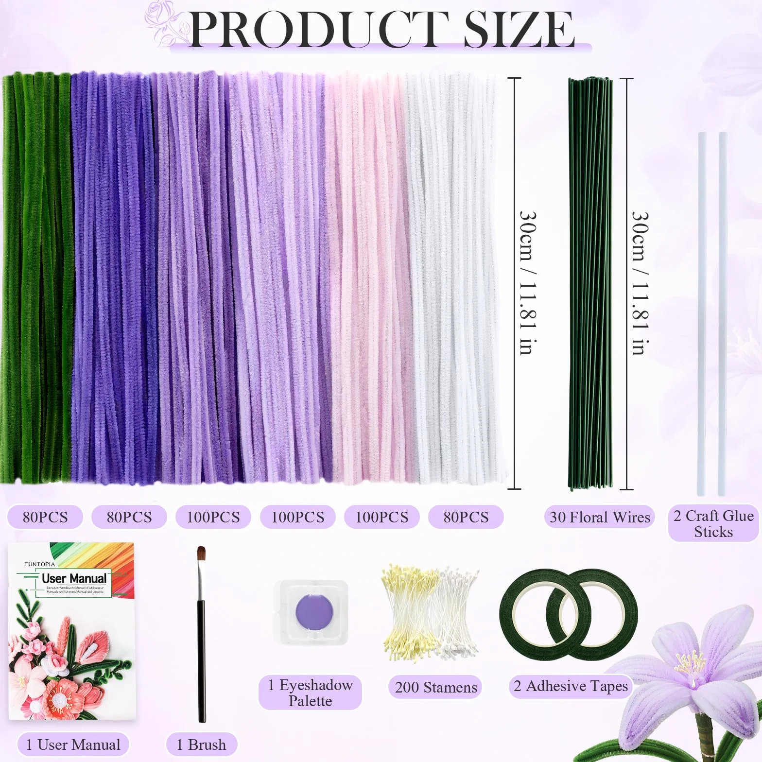Funtopia Pfeifenreiniger Blumen Bastelset, 540 Stück Pfeifenputzer zum Basteln mit 15 Blumen-Designs Anleitung, Chenilledraht, Blütenstempel, Blumendraht & Klebeband, DIY Blumenstrauß, Lila & Violett