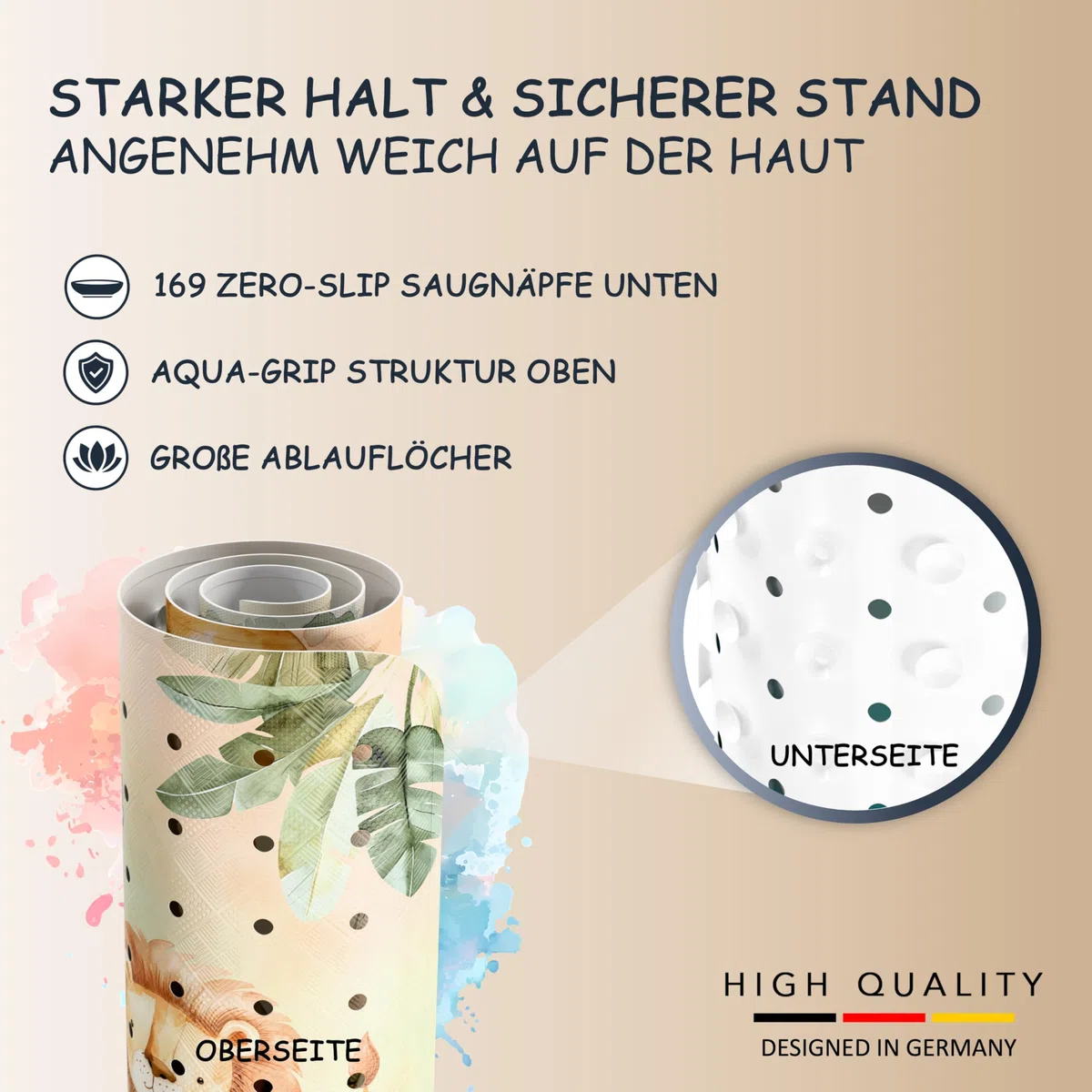 SilverRack Duschmatte rutschfest 53x53 cm (Safari) - Antirutschmatte Dusche BPA frei - Badematte rutschfest, maschinenwaschbar u. schimmelresistent