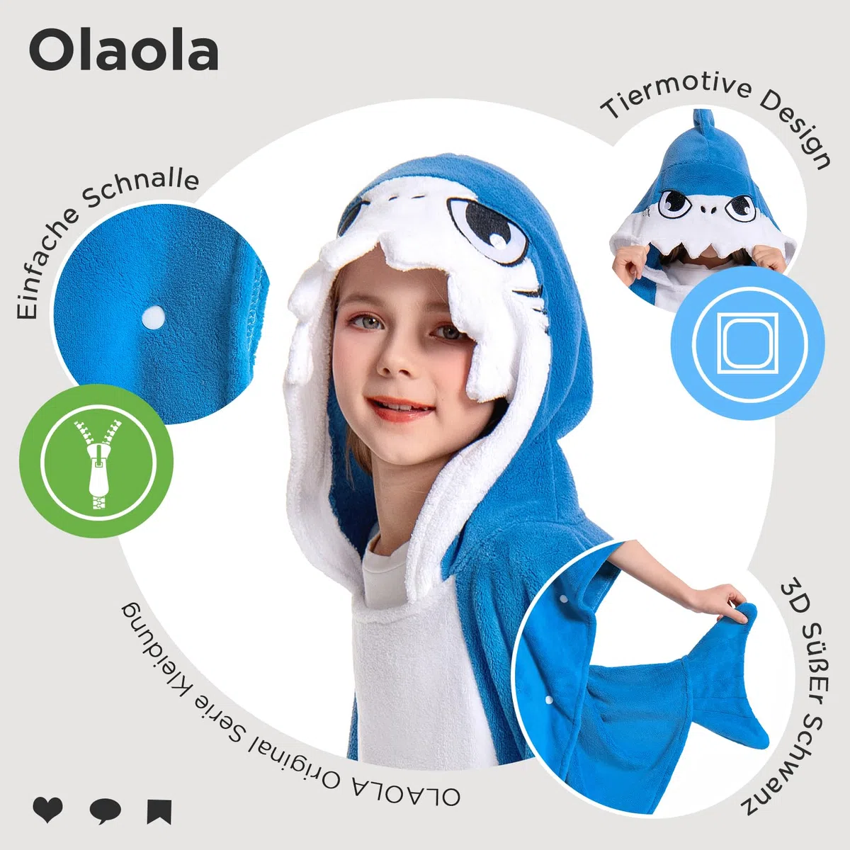OLAOLA Kinder Poncho Handtuch mit Kapuze, Strand Umkleidemantel, Saugfähige Badetücher, Schwimmtuch für Jungen und Mädchen von 3–12 Jahren, Blauer Hai