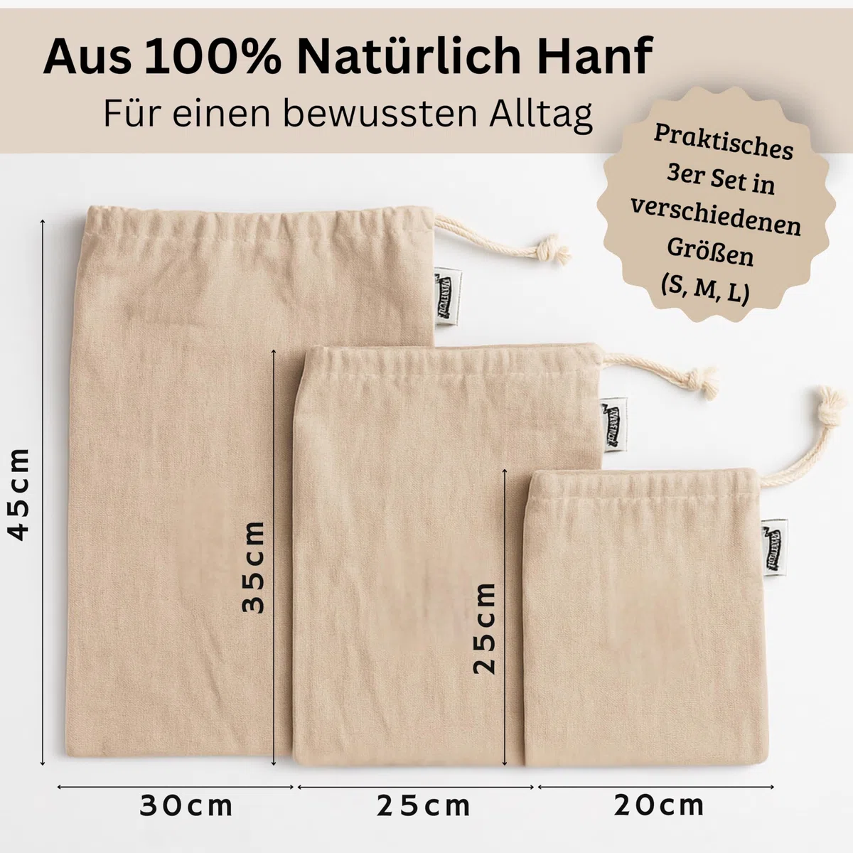 Brotbeutel 3er-Set | Wiederverwendbare Leinenbeutel aus 100% Naturhanf | Plastikfrei, Waschbar & Robust | Brotsack Ideal für Lebensmittel und Brotaufbewahrung