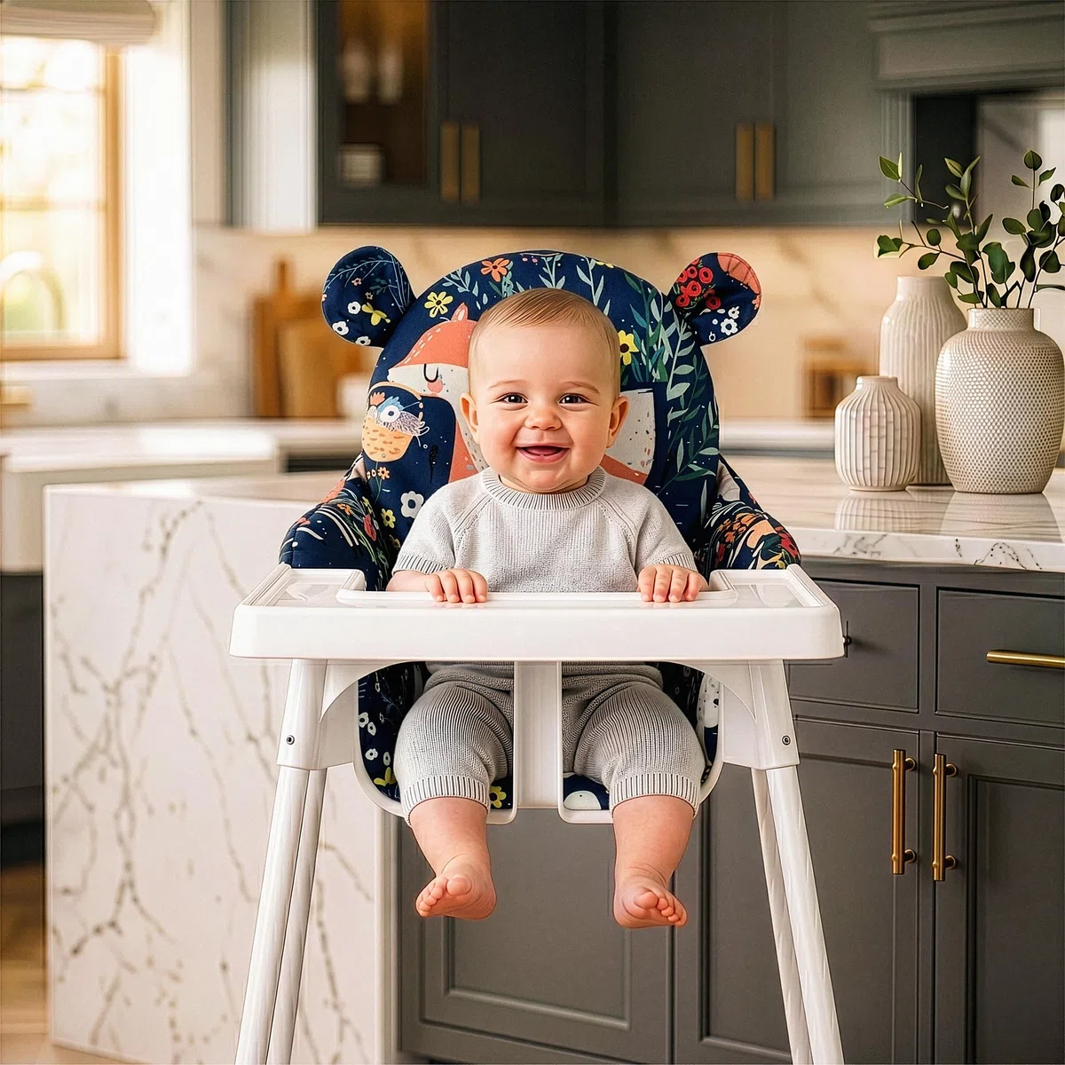 Hochstuhlbezug Ersatzbezug, Baby Sitzkissen Sitzauflage, kompatibel mit Ikea Hochstuhl Antilop, Wasserfest Öko-Tex Polsterung, Kinderhochstuhl Zubehör Design Wald
