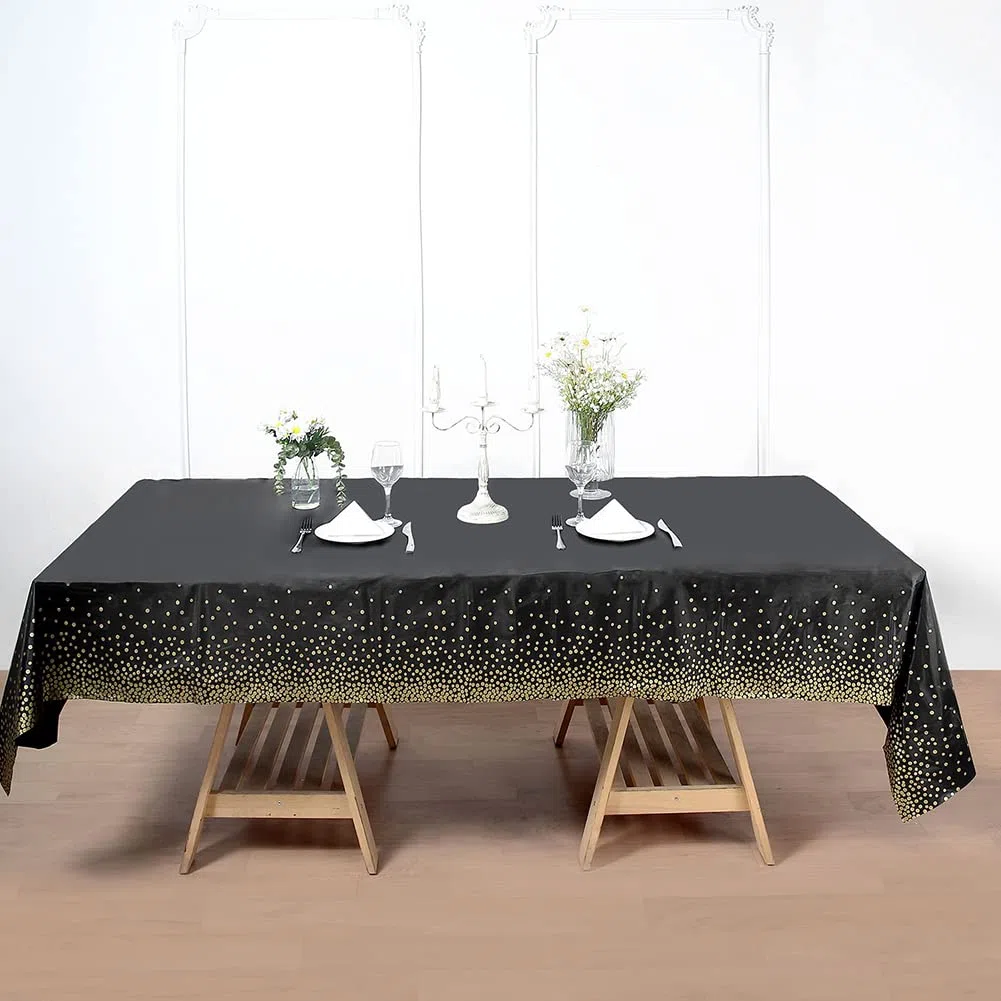 10 Stück Schwarz und Gold Party Tischdecke Einweg für Rechteck Tisch,Gold Dot Confetti Geburtstag Tischdecke für Geburtstag, Jahrestag,Braut Shower,Abschlussfeier,Cocktail Party,137cm x 274cm