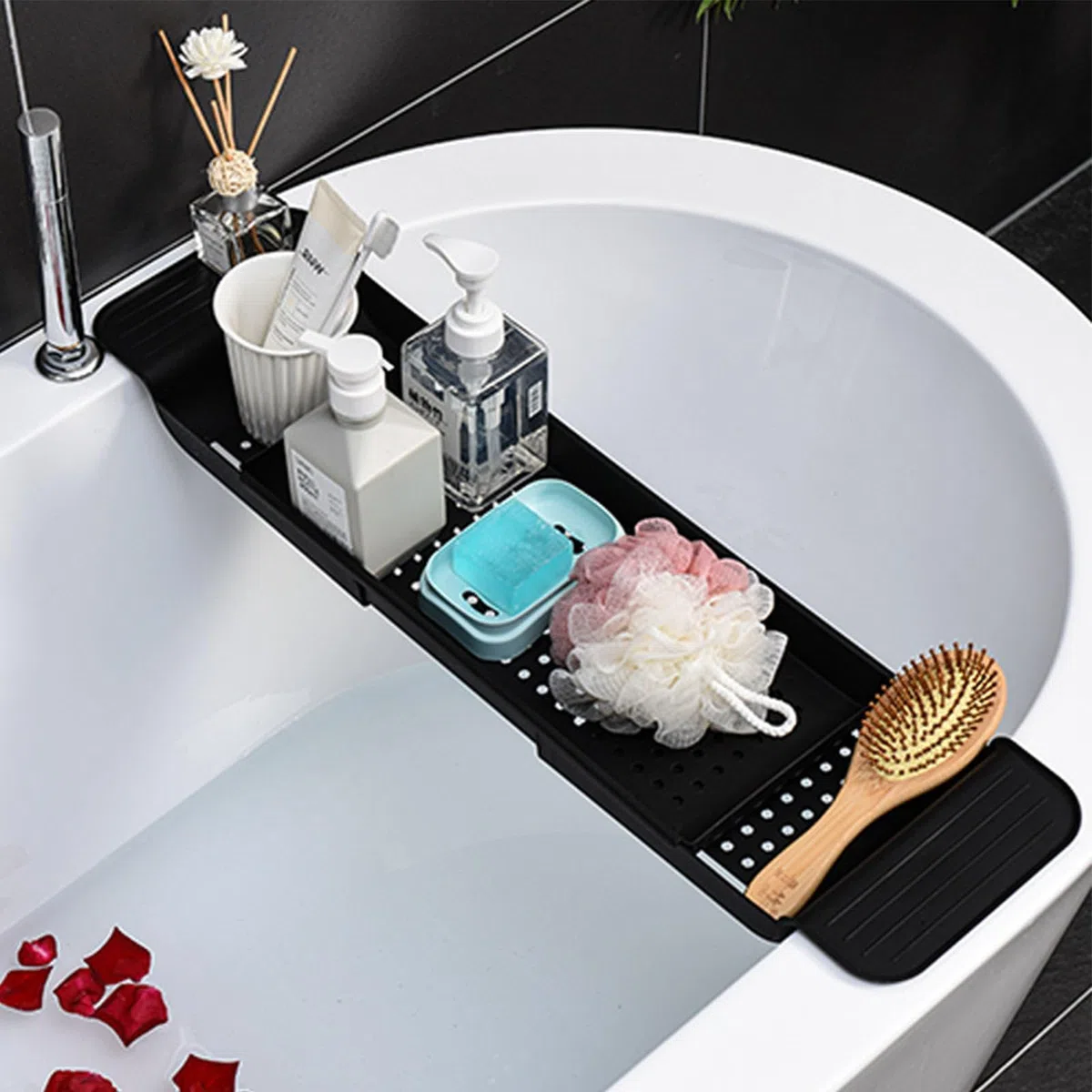 Badewannen Caddy Tablett, Wannentablett Kunststoff Badewannenablage Ausziehbar (55–78 cm), Badewannenablage Kunststoff, Badewannen Organizer Für Weinglas Buch Telefon Seife Kerze Handtüchern