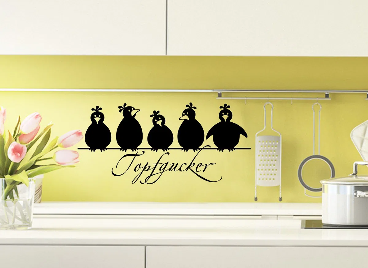 Grandora Wandtattoo Topfgucker 5 Vögel I schwarz 70 x 33 cm I Küche Spruch Zitat Aufkleber selbstklebend Wandaufkleber Wandsticker W862