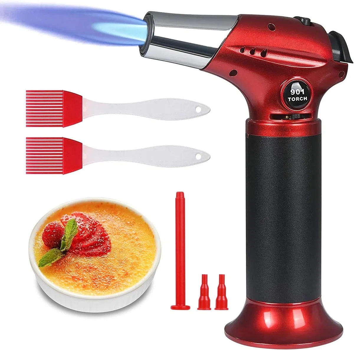 Flintronic Küchenbrenne Flambierbrenner, Nachfüllbar Butan Gasbrenner mit 3 Düse, 2 Silikonbürsten, Lötbrenner mit Sicherheitsschloss für Creme Brulee, Kochen, BBQ, Camping(Butan Inbegriffen Nicht)Rot