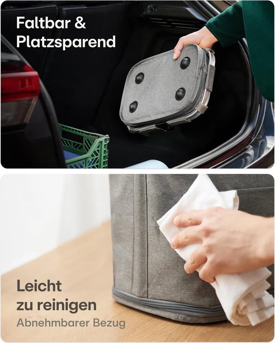 Praknu Einkaufskorb Faltbar Groß – 2 in 1 Erweiterbar 25L auf 35L – Abnehmbarer & Waschbarer Bezug – Stabil mit Alurahmen & Verstärktem Boden – Extra Fächer Innen & Außen – Tragekorb – Grau