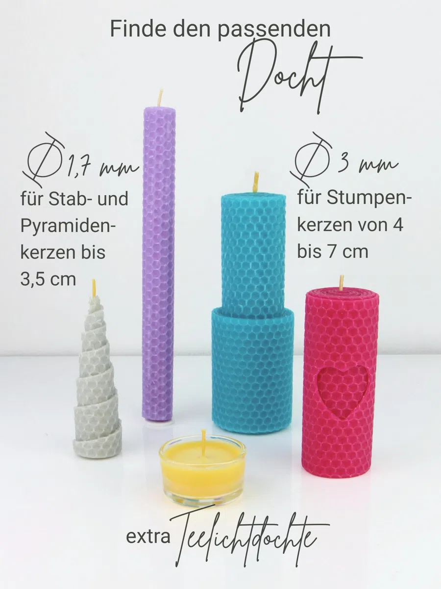 Bienenwachs-Docht aus Hanf – 100 Paraffinfreie Kerzendochte gewachst, Flachdocht 10 cm+1 lang, 3 mm breit, für Kerzen von 4-7,5 cm Duchmesser, mit Dochthalter & Klebepunkten, Kerzen selber Machen