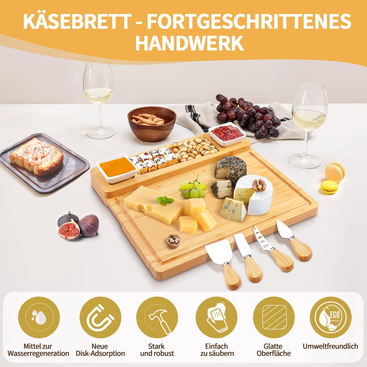 Käsebrett aus Bambus mit Käse Werkzeugen, charcuterie Board, Käseplatten-Set, Serviertablett für Weincracker, Brie und Fleisch, Bambusheber, Einzugsgeschenk für Leckereien und Weihnachten
