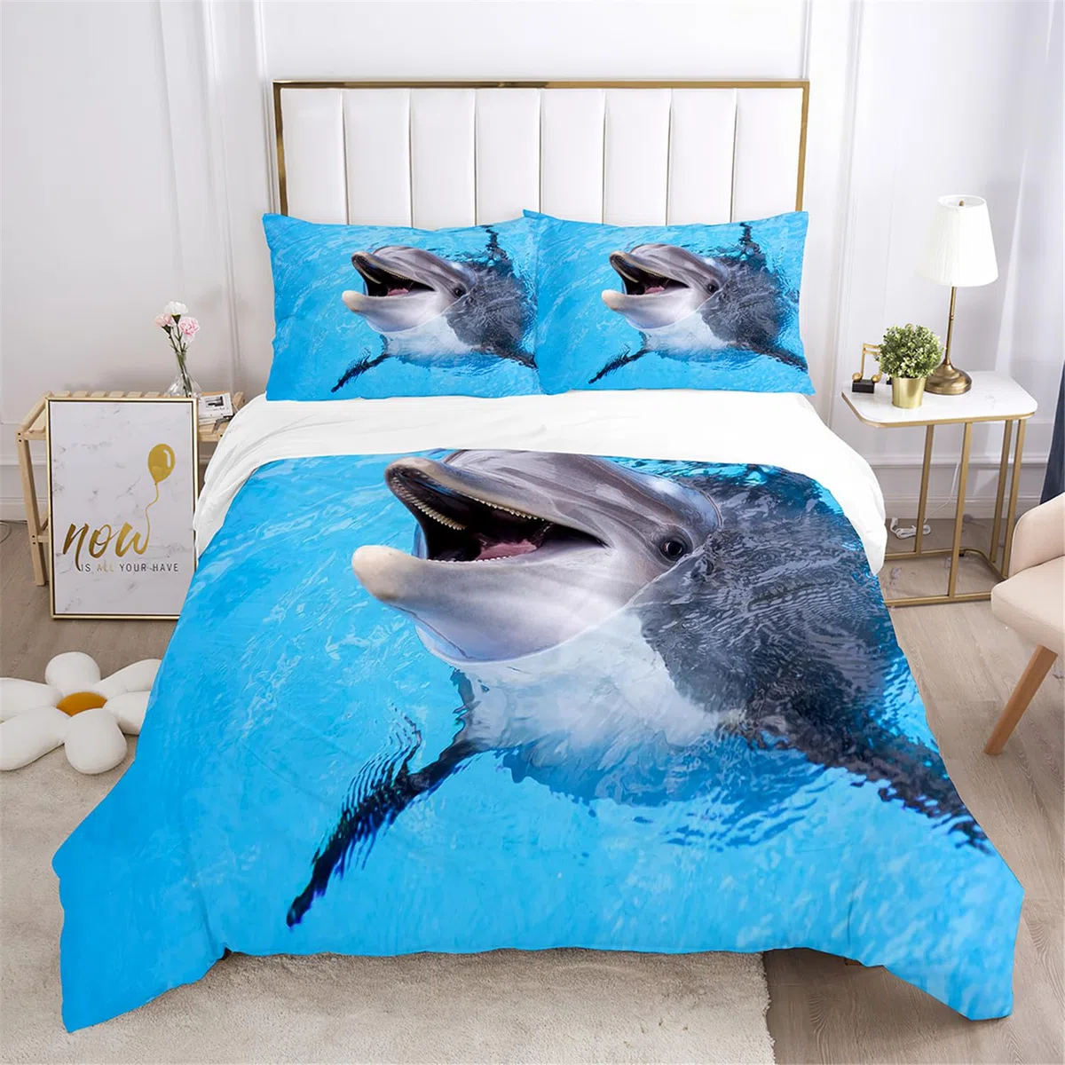 Delphin blau Bettwäsche für Kinder 135x200 Kinderbettwäsche Bettbezug und Kissenbezug-Set Ozean Tier Delfin Blau Einzelbettwäsche Set