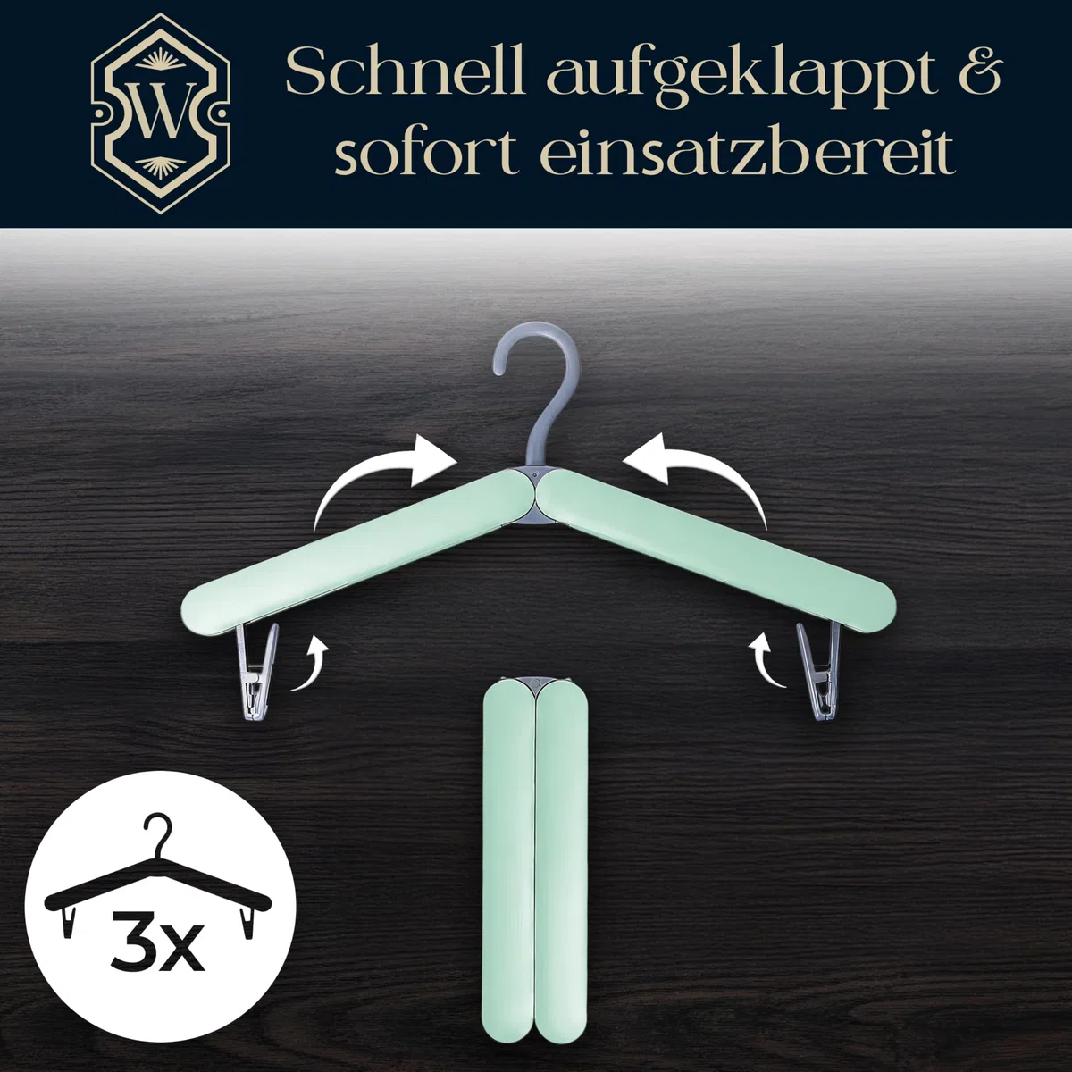 Faltbare Reise Kleiderbügel 3er Set | Platzsparend & Leicht | Ideal für Urlaub, Camping, Hotel & Zuhause | Klappbare Kleiderbügel mit Clips (Grün)