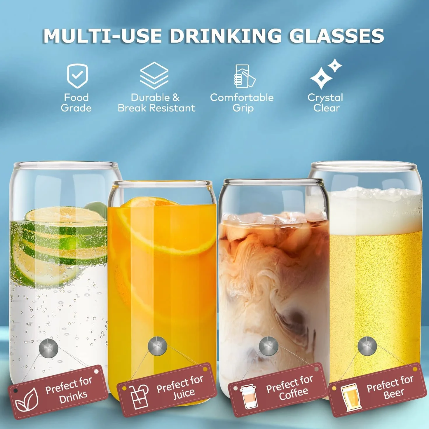 Trinkgläser mit Deckel und Strohhalm,Cocktailgläser Eiskaffee Gläser 500ml,Iced Coffee Glas,Kaffee & Matcha Gläser,Glasbecher ideal für Smoothie,Latte,Macchiato,Whiskey,Geschenk (4Pack)