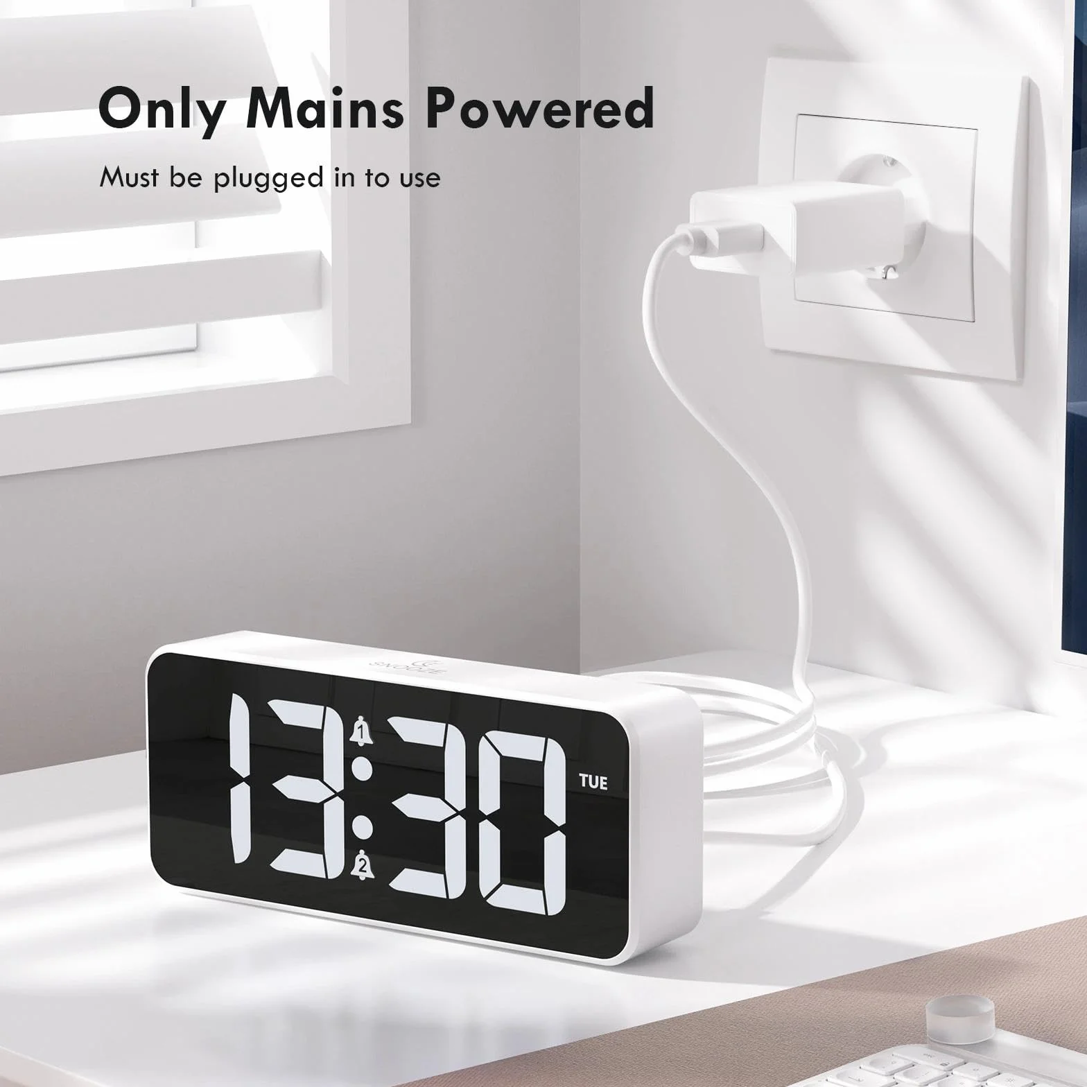 CHEREEKI Wecker Digital mit großem LED-Display, 10 Klingeltönen, Doppelalarm, Schlummerfunktion, 3 Alarmplänen, Einstellbarer Helligkeit und Lautstärke, Netzbetrieb, Adapter enthalten, Weiß