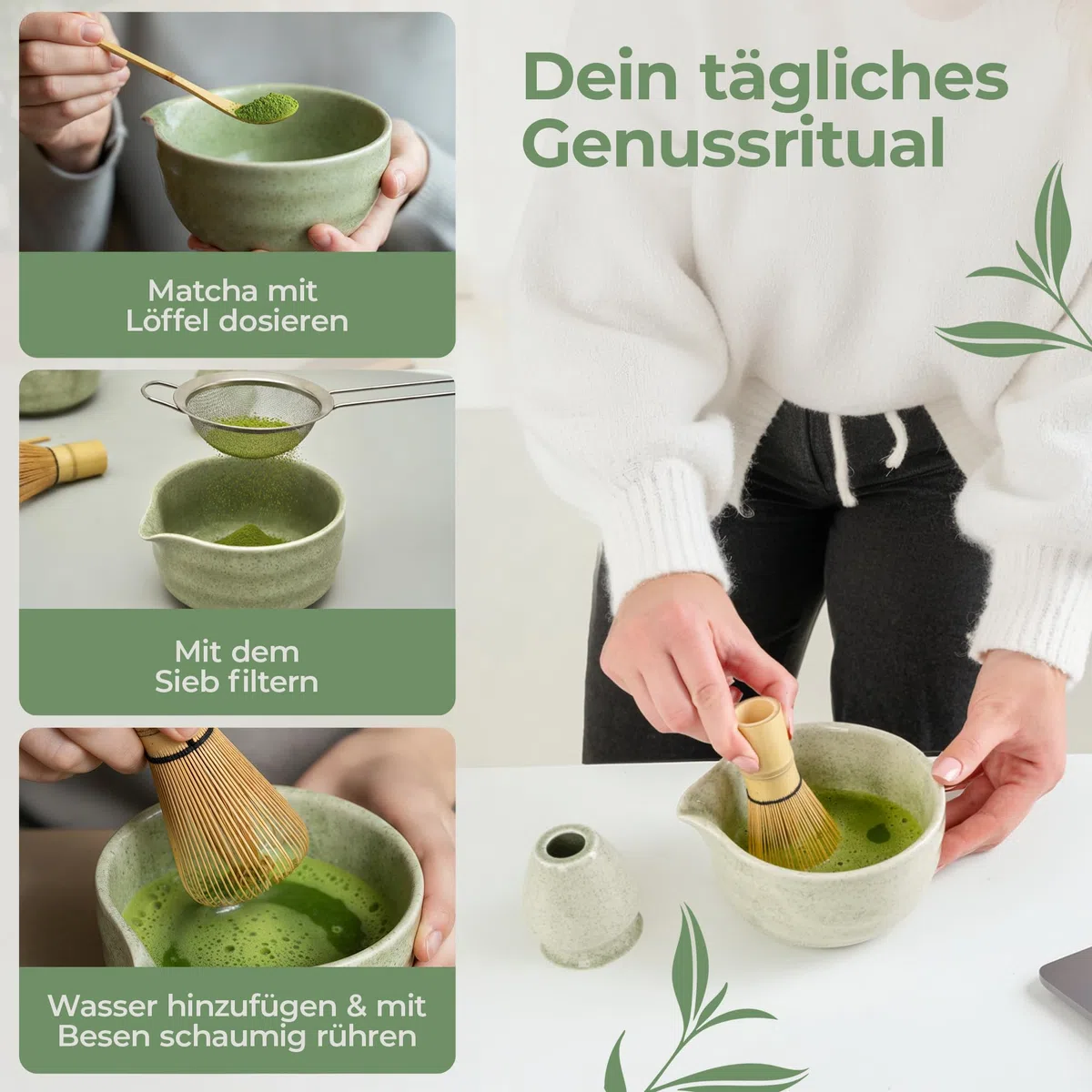 comforder Matcha Set mit Besen – Komplett mit Matchaschale mit Ausgießer, Chasen, Halter, Löffel und Edelstahlsieb, 500 ml Schale in Geschenkdose, 5-teilig, Grün