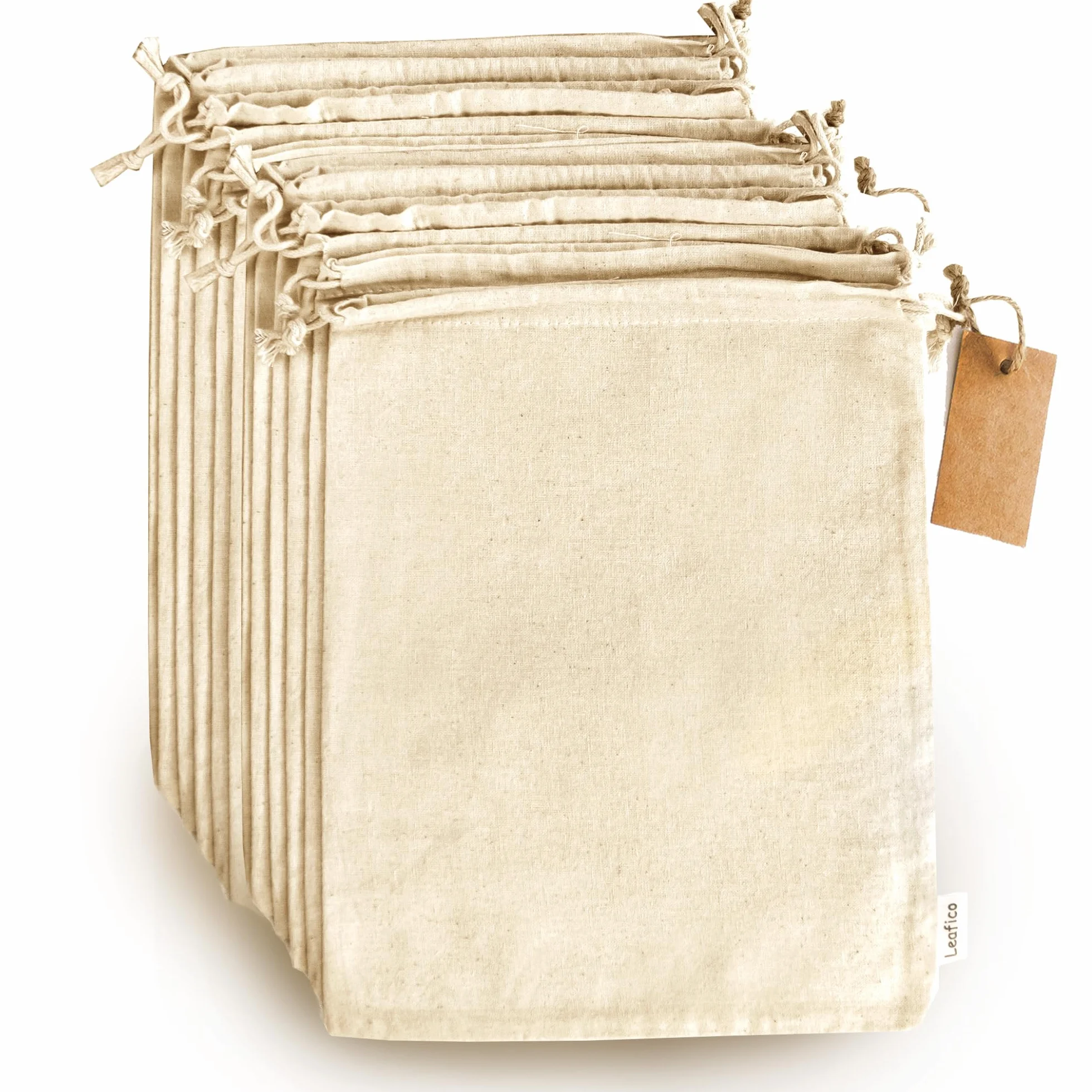 Leafico Wiederverwendbare Baumwollbeutel Mittel 20x25 cm – Stoffbeutel mit Kordelzug für Obst, Gemüse, Brot, Kräuter, Aufbewahrung, Geschenkverpackung – Bio Musselinbeutel nachhaltig – 12 Stück