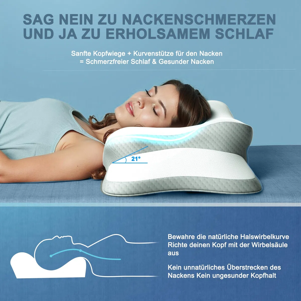 Nackenkissen Kopfkissen, Memory Foam Kissen. Nackenstützkissen, Ergonomisches Kopfkissen. Pillow Kissen für Seiten, Rücken & Bauchschläfer (1er Pack)