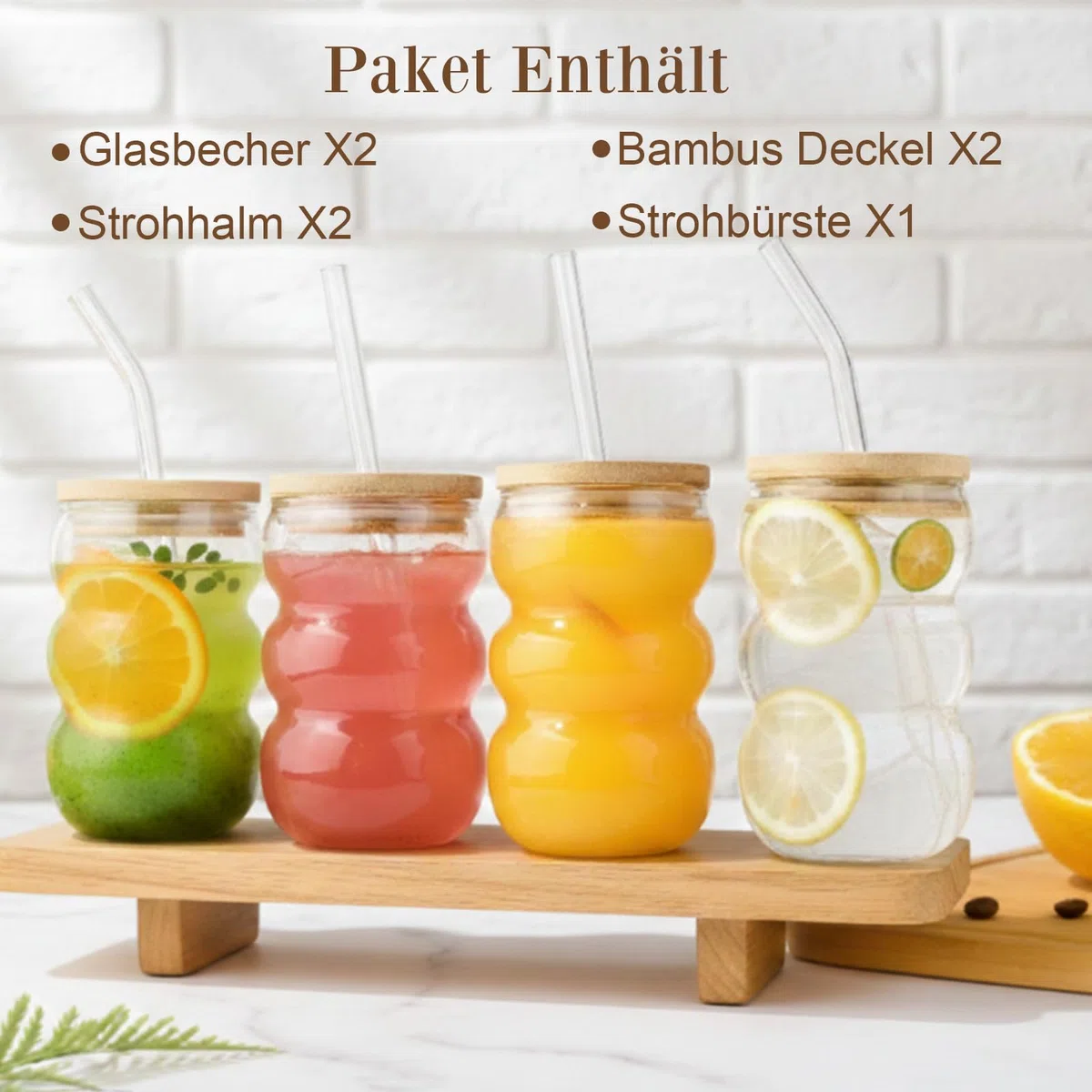 VITEVER Matcha Latte Glas, 2pcs 550ml Glasbecher mit Deckel und Strohhalm Latte Gläser, Bubble Glasbecher, Macchiato Gläser, Cocktailglas, Kaffeeglas Eiskaffee Trinkglas mit Bürste und Strohhalm