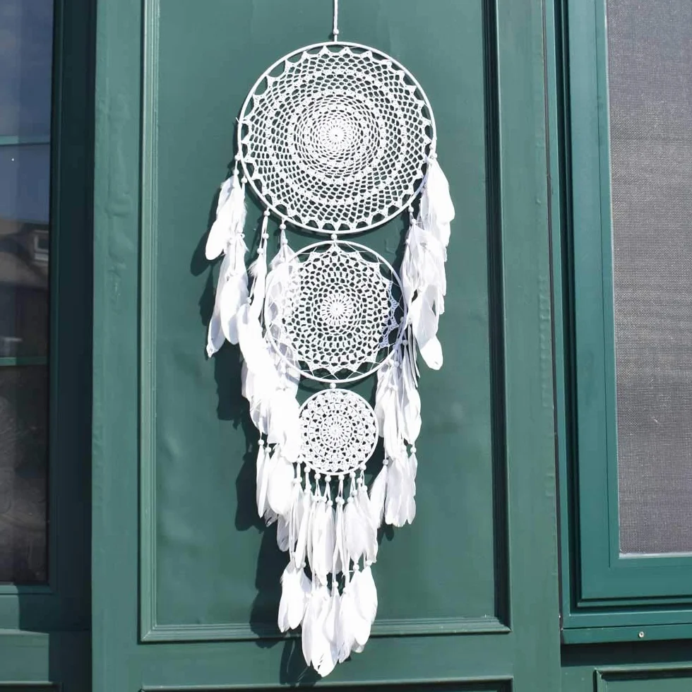 Extra Großer Traumfänger im Boho-Stil, mit 3 Kreisen, weißer Feder, Makramee, Wandbehang für Vintage-Hochzeit oder zur Heimdekoration, 35 cm Kreis, 110 cm lang