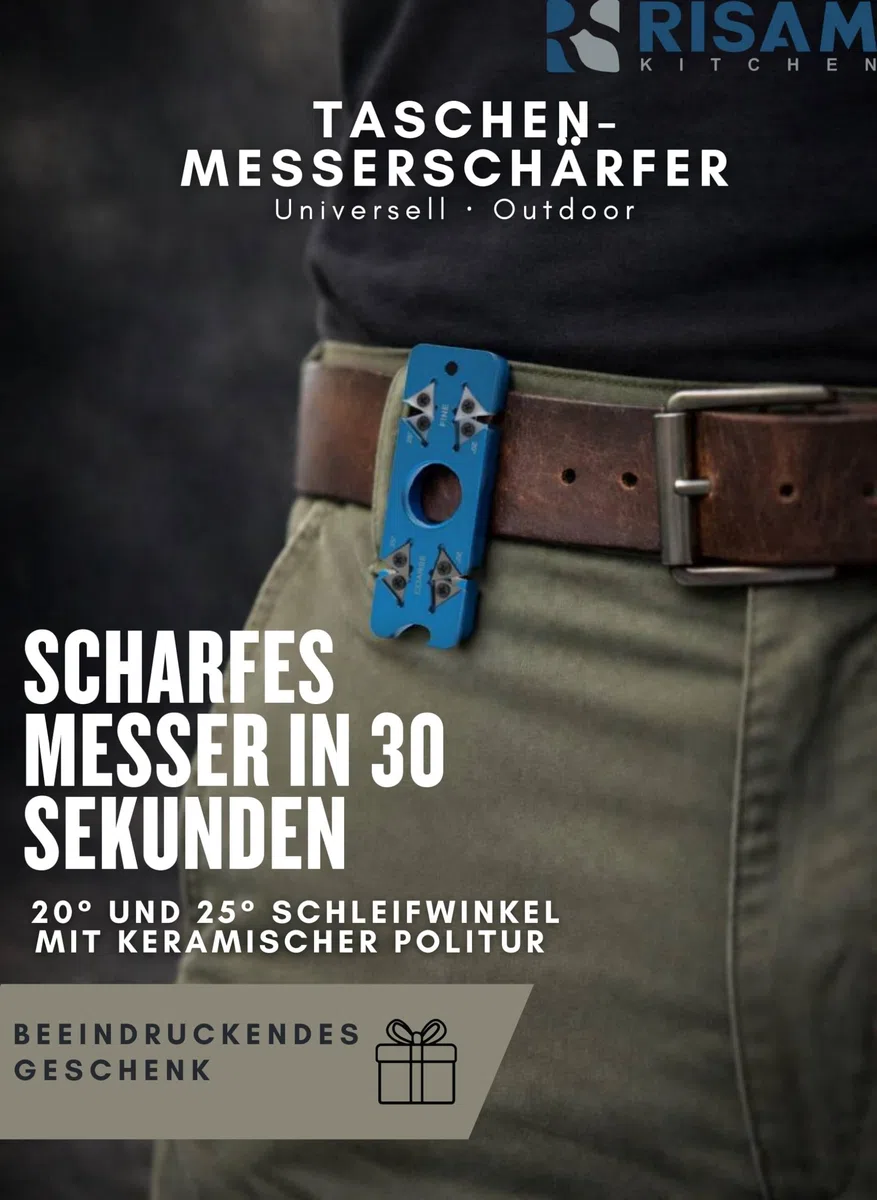 RISAM KITCHEN Messerschärfer klein – 6 in 1 Reise Messerschärfer Profi & Messerschleifer Knife Sharpener – Messer schärfen – 8,5 cm x 2,8 cm x 0,5 cm – 37,5 g – mit Clip & Anhänger