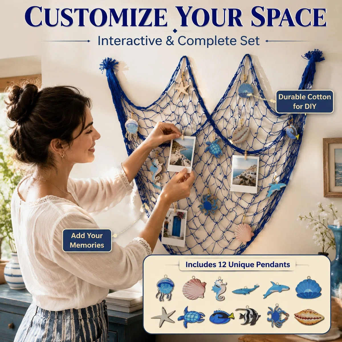 Mediterranes Fischernetz Deko-Set, 100x200cm Baumwollnetz mit 12 Meeresanhängern, Marine Wanddekoration