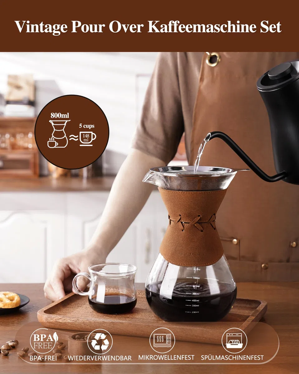 Kaffeebereiter mit Filter aus Edelstahl, 800ml Kaffeekanne für 5-6 Tassen Glas Pour Over Kaffeebrüher mit Filter Kaffee-Tropfer Brauer Kaffee