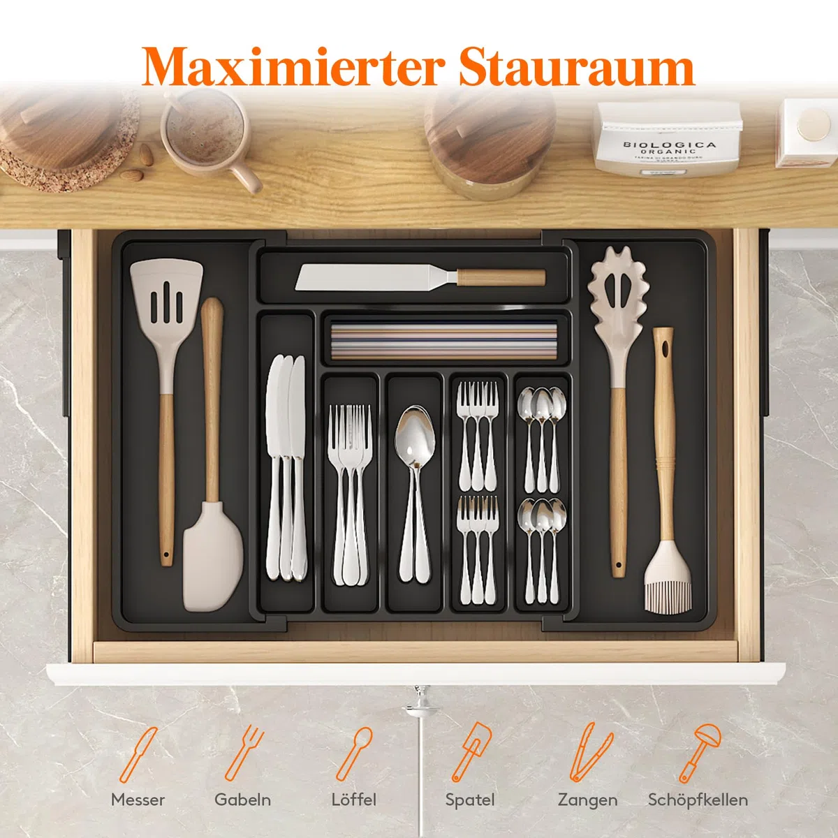Lifewit Besteckkasten für Schublade, Verstellbarer Besteckhalter Kunststoff Besteckständer, Breite von 33 auf 57 cm, Utensilienhalter Küche Tiefe 38 cm, Küchen Organizer für Löffel/Gabeln, Schwarz