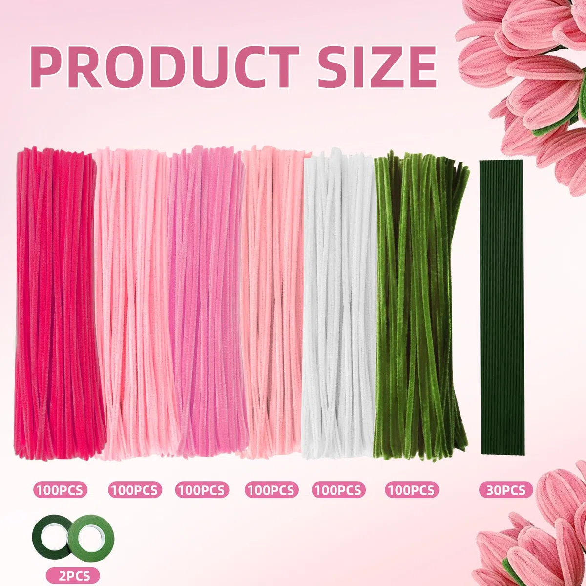 600 Stück Pfeifenreiniger Blumen Set | Pfeifenputzer zum Basteln in 6 Farben mit 30 Blumendraht & Geschenkband für Kreative DIY Blumensträuße (Rosa)