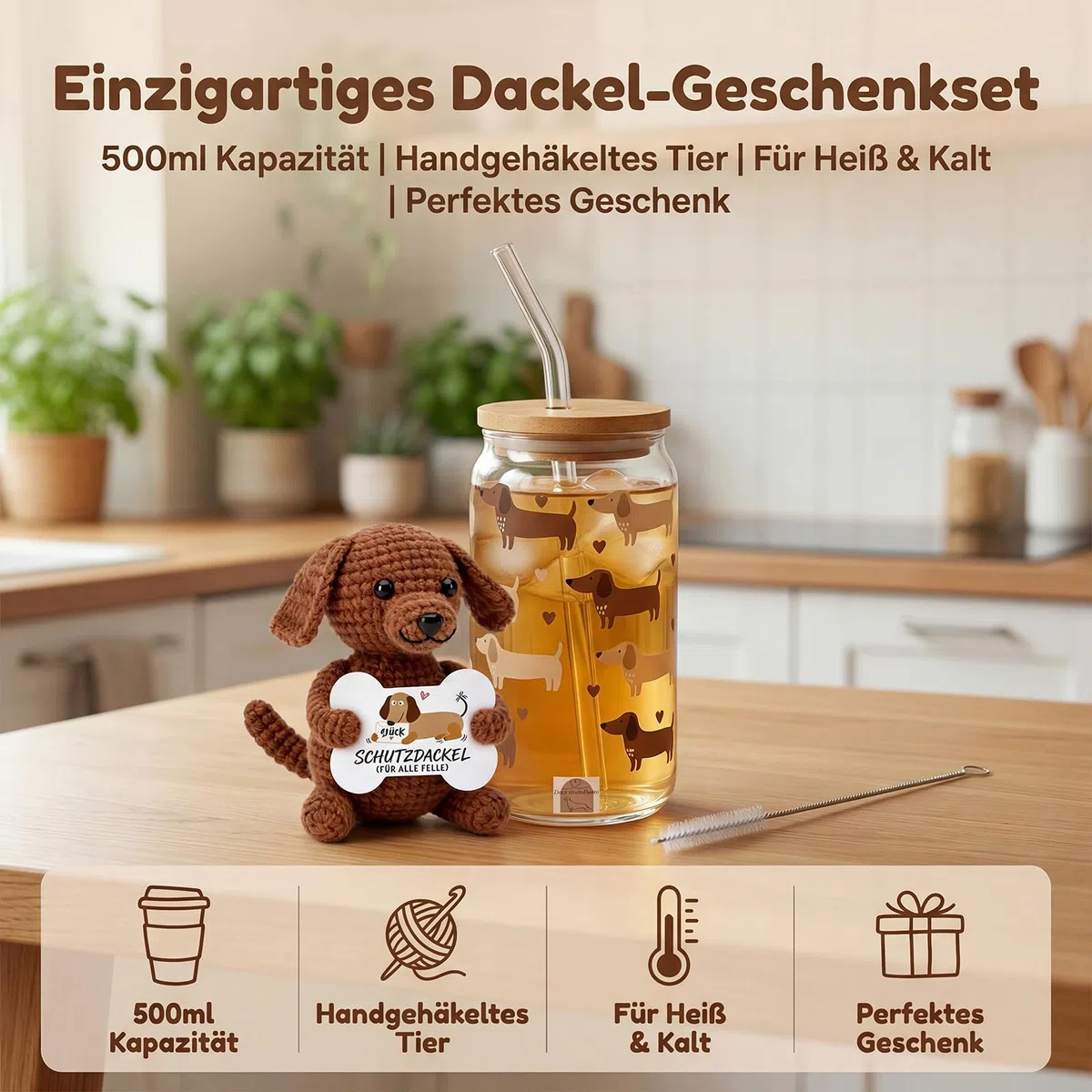 Sunwuun Glas mit Deckel und Strohhalm,Positive Geschenke Dackel Glücksbringer Set,Geschenk Kollegin Geburtstag,Gläser mit Holzdeckel,Pocket Hug für Freundin,Mama,Partner,Schwester (Braun)