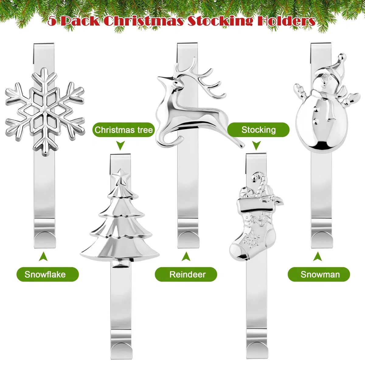 Aodaer 5 Stück Weihnachtsstrumpfhalterhaken Metall Kaminstrumpfhalter 5 verschiedene Muster dekorative Regal-Kamin-Weihnachtsstrumpfclips für Weihnachtsfeierbedarf