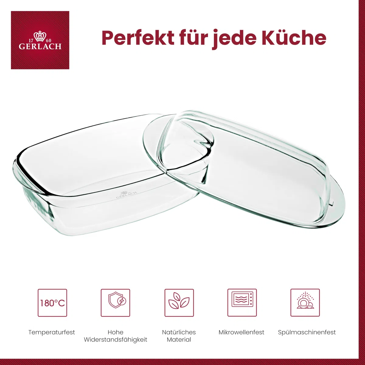 Gerlach 1760 Auflaufform 4,5 l Aus Hitzebeständigem Glas Borosilikatglas Mit Deckel Rechteckig 27 x 18 cm Für Backofen Gefrierfach Flow