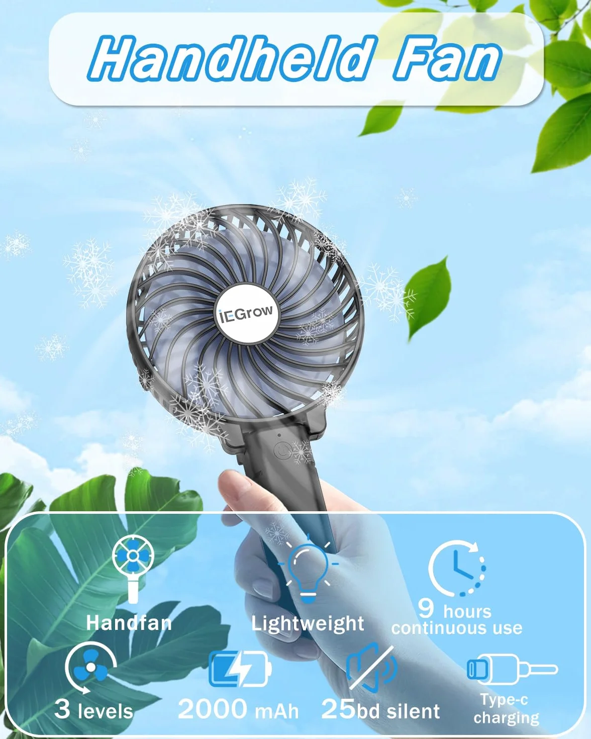 iEGrow Handventilator Tragbarer Mini Ventilatoren USB Wiederaufladbarer [2-9 Betriebsstunden] 3 Geschwindigkeiten Aufladbarem Batterie für Reisen Zuhause(Schwarz)