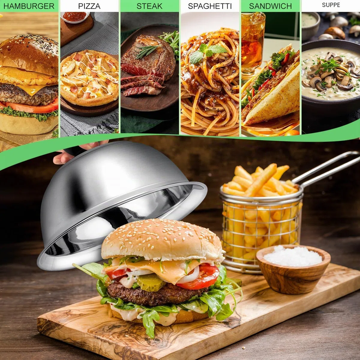 4 Stück Burgerglocke Edelstahl Burgercover, 16x6.7cm Grill Deckel, Burgerhauben Schmelzglocke Burger Glocke für Küche, Steak, Grill, Cheeseburger, Innen & Außen (mit Schraubenzieher)
