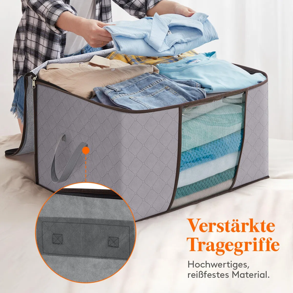 Lifewit 120L Aufbewahrungstasche für Bettdecken, Groß Aufbewahrungsbox mit Deckel Kleidung Aufbewahrung Umzugskartons mit Verstärkt Griff für Kleider Kleidung Bettdecken Bettzeug, 3 Stück, Hellgrau