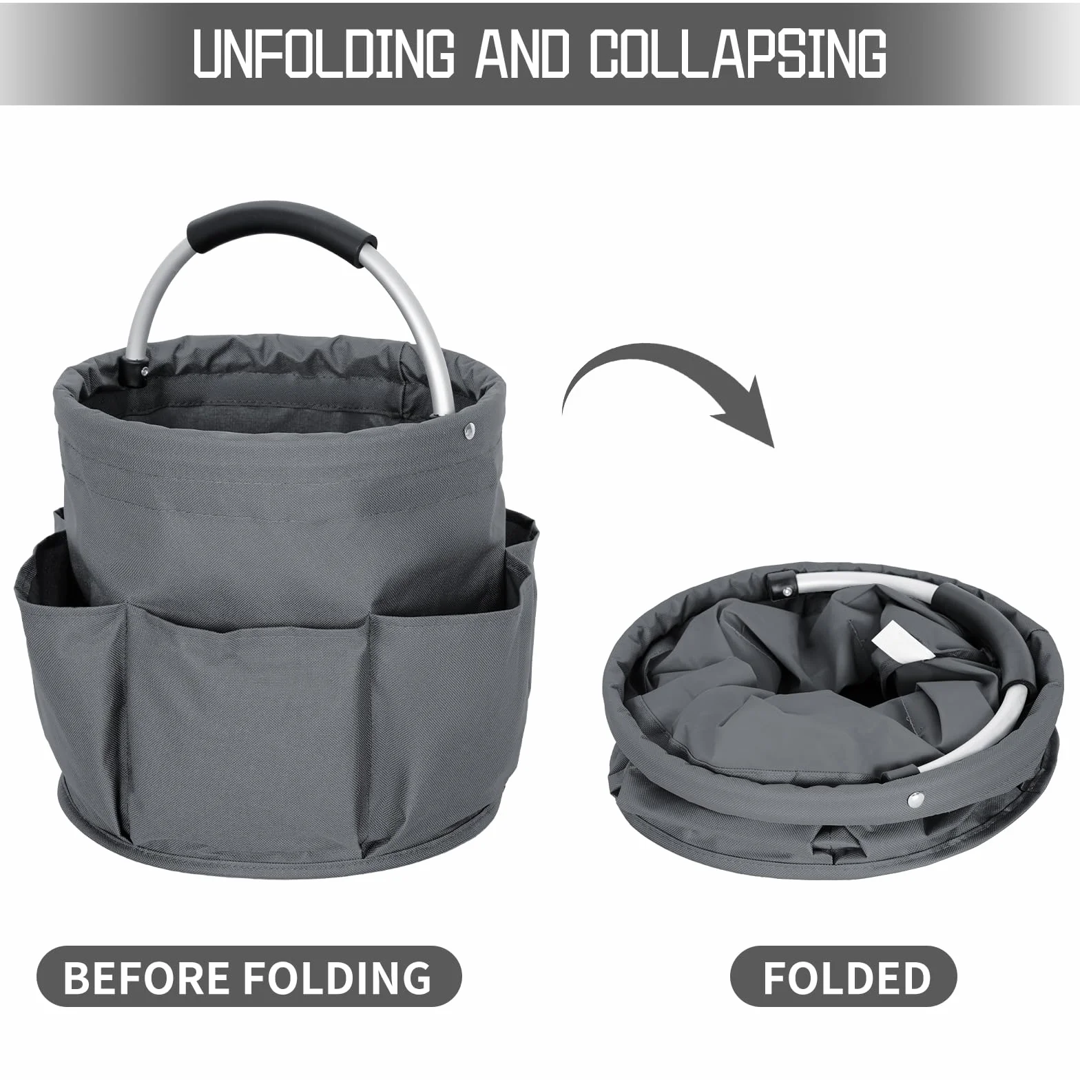 Reinigungs-Caddy-Organizer mit Griff, faltbar, Grau | Reinigungseimer, Werkzeugtasche mit mehreren Taschen, Für Reiniger und Haushälter