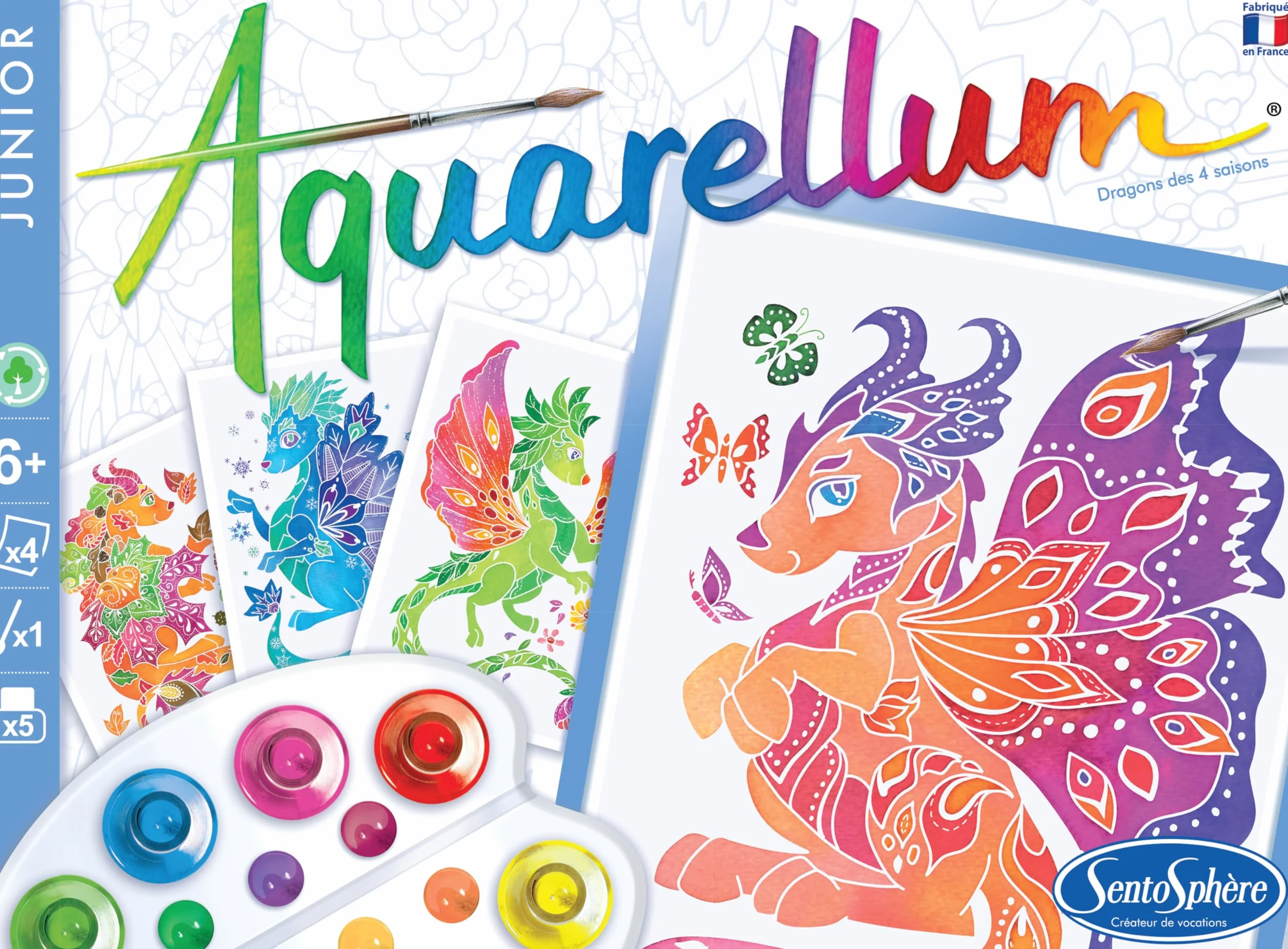Sentosphère 3906515 Aquarellum Junior, Aquarell-Mal-Set für Kinder, Motiv Drachen, DIY Kreativset, Bastelset, Malset ab 6 Jahren