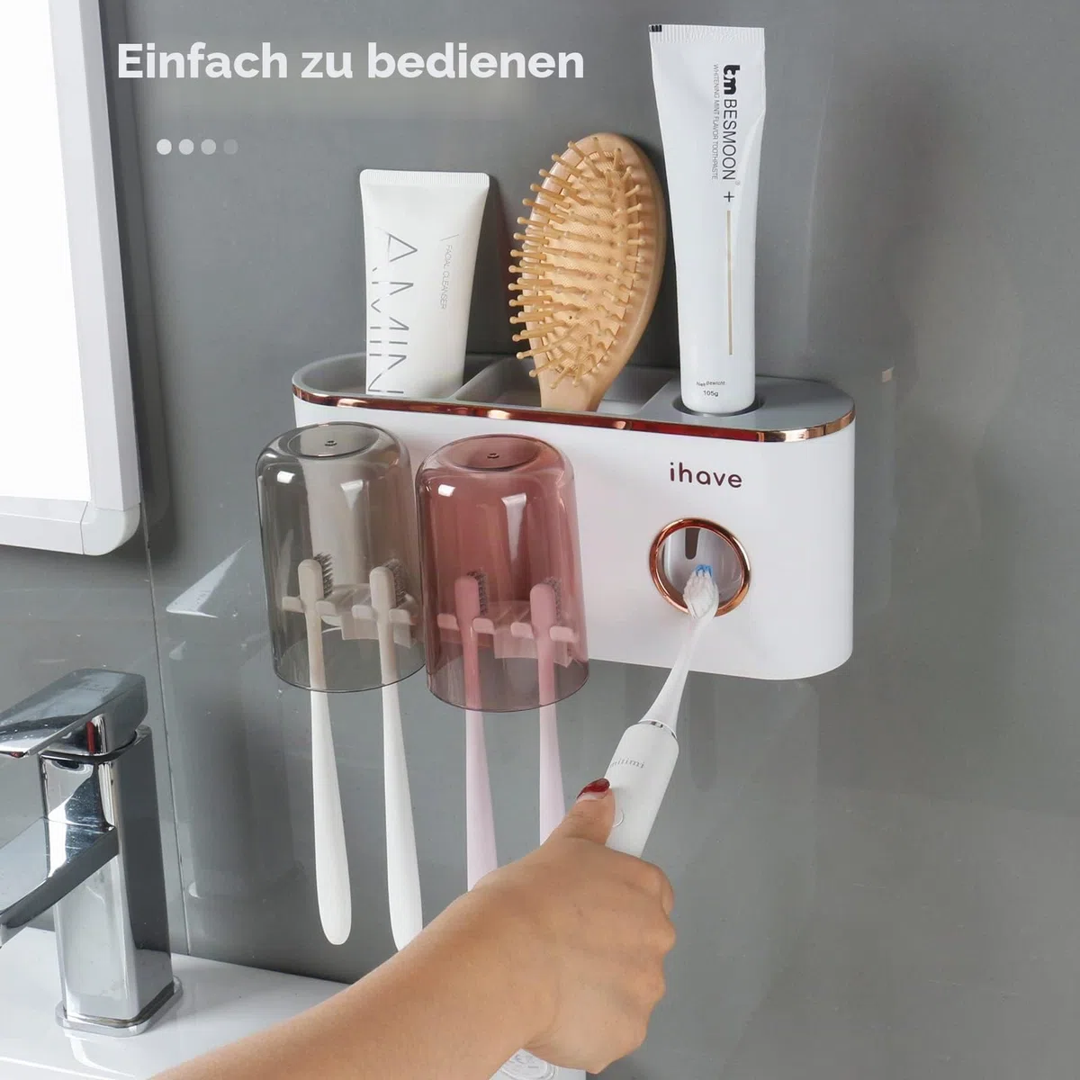 iHave Zahnbürstenhalter Wand mit Zahnpastaspender, Toothbrush Holder mit 2 Zahnputzbechern, elektrische Zahnbürste Halter ohne bohren, Multi Badezimmer Organizer & Aufbewahrung für Familie (Weiß Gold)